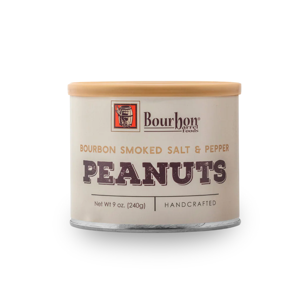 Can of Bourbon Smoked Salt & Pepper Peanuts by Bourbon Foods on a white background