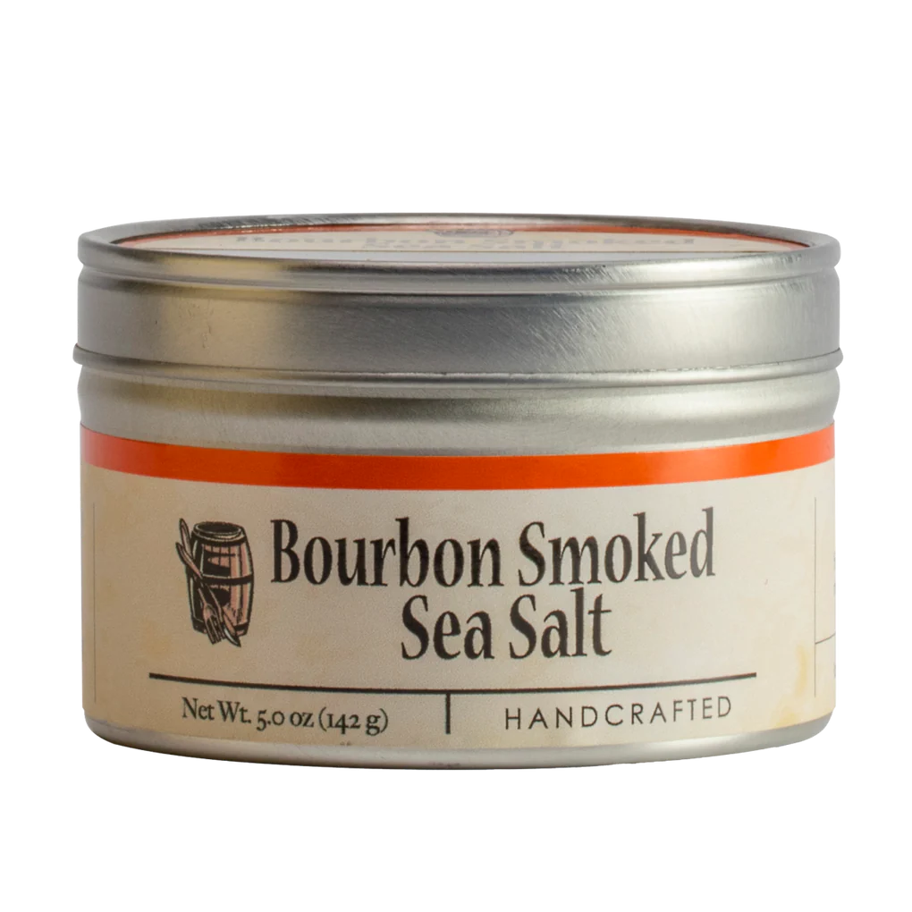 Tin of Bourbon Smoked Sea Salt on a white background