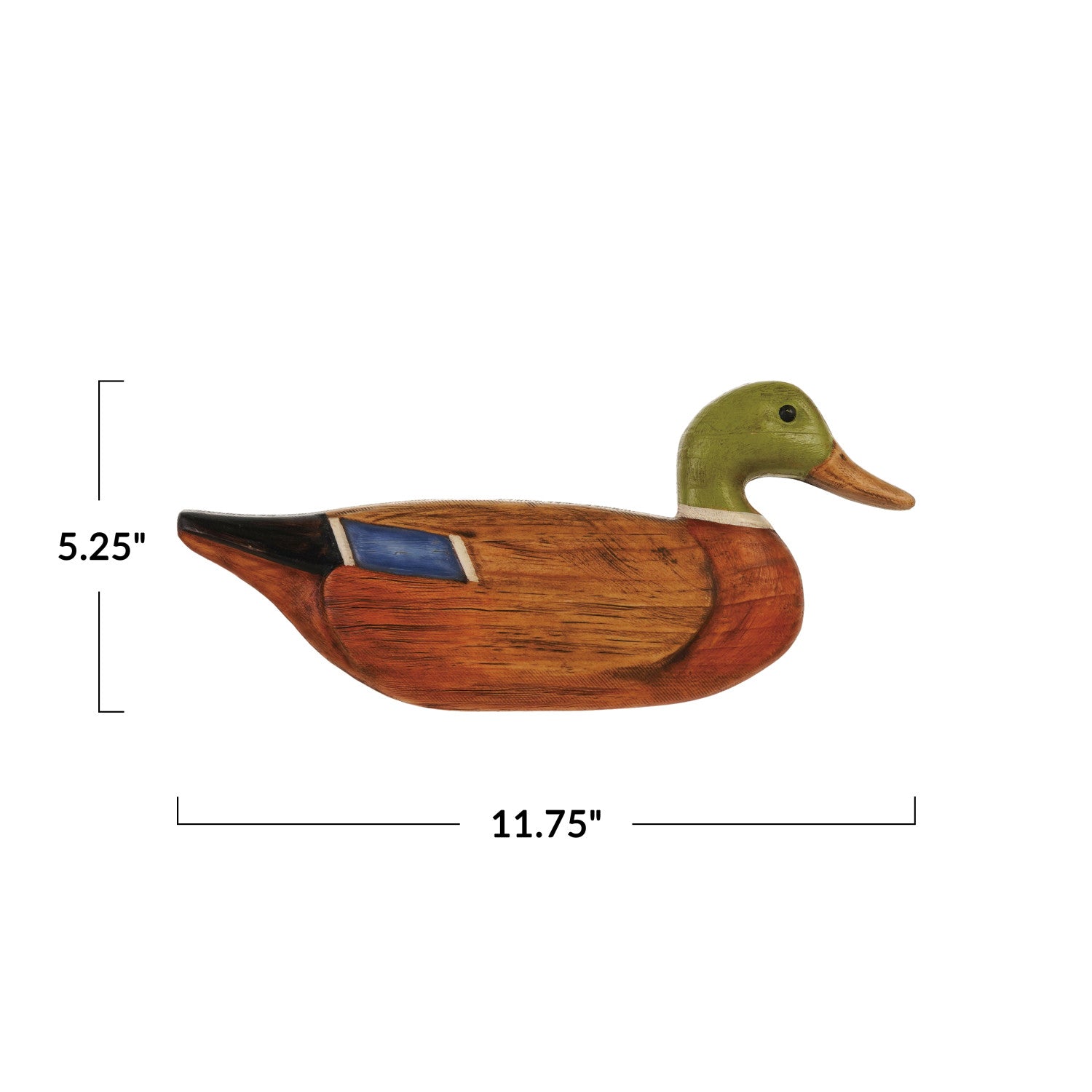 Wooden duck-shaped item with measurements on a white background