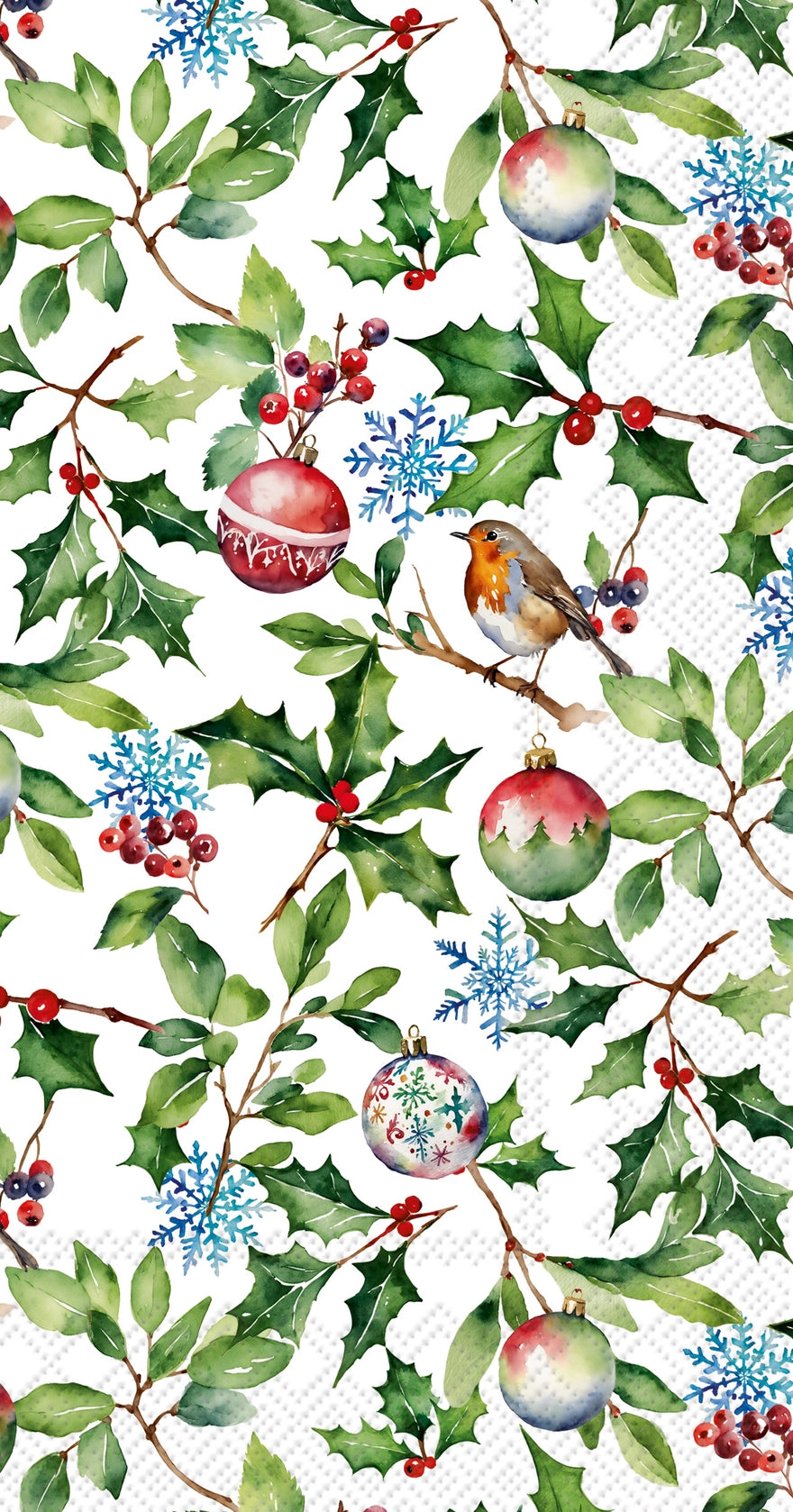 A repeating Christmas watercolor pattern featuring holly leaves, red berries, green ornaments, blue snowflakes, and a small bird on a white background.