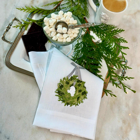 White Boxwood Wreath Tea Towel