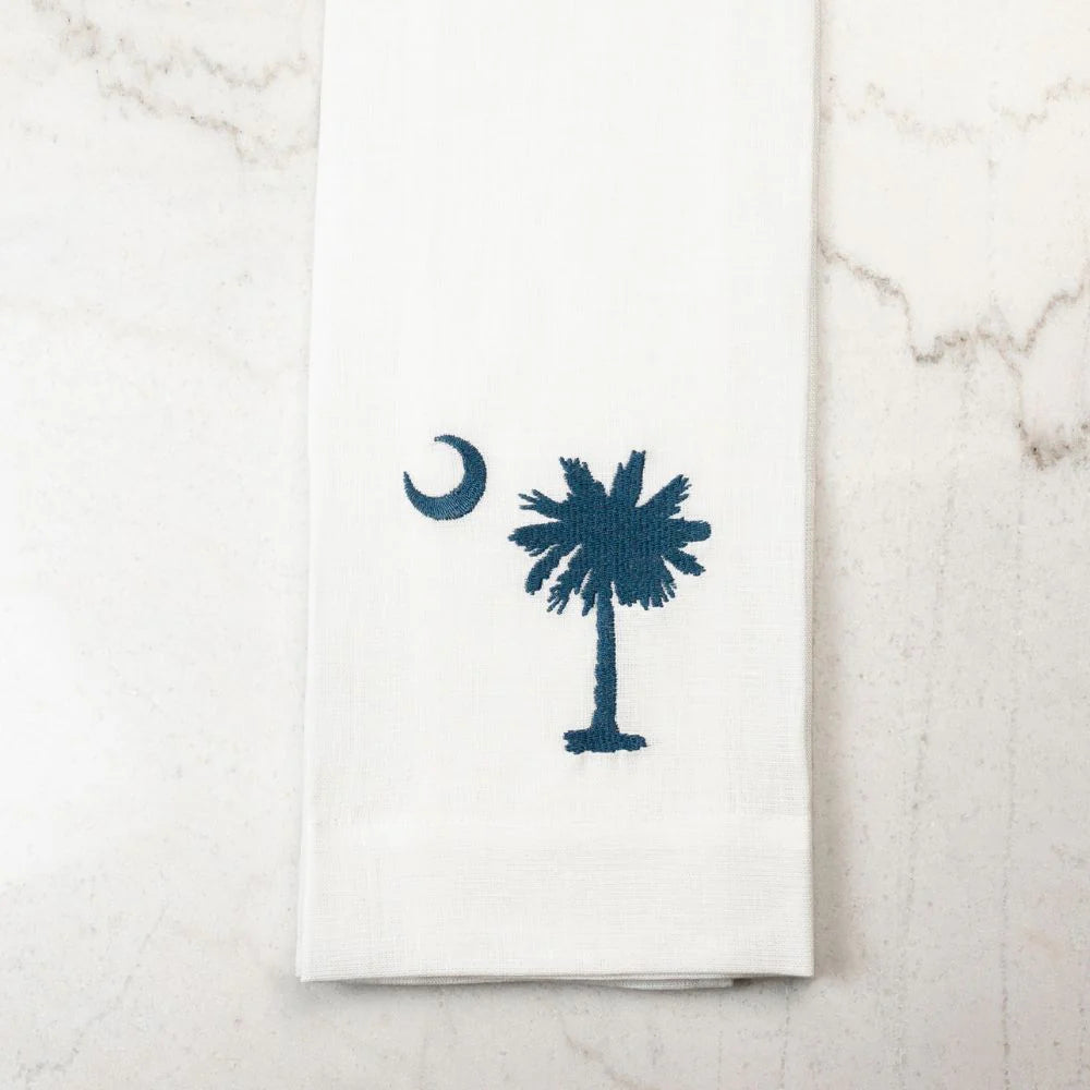 Royal Blue Palmetto White Linen Tea Towel