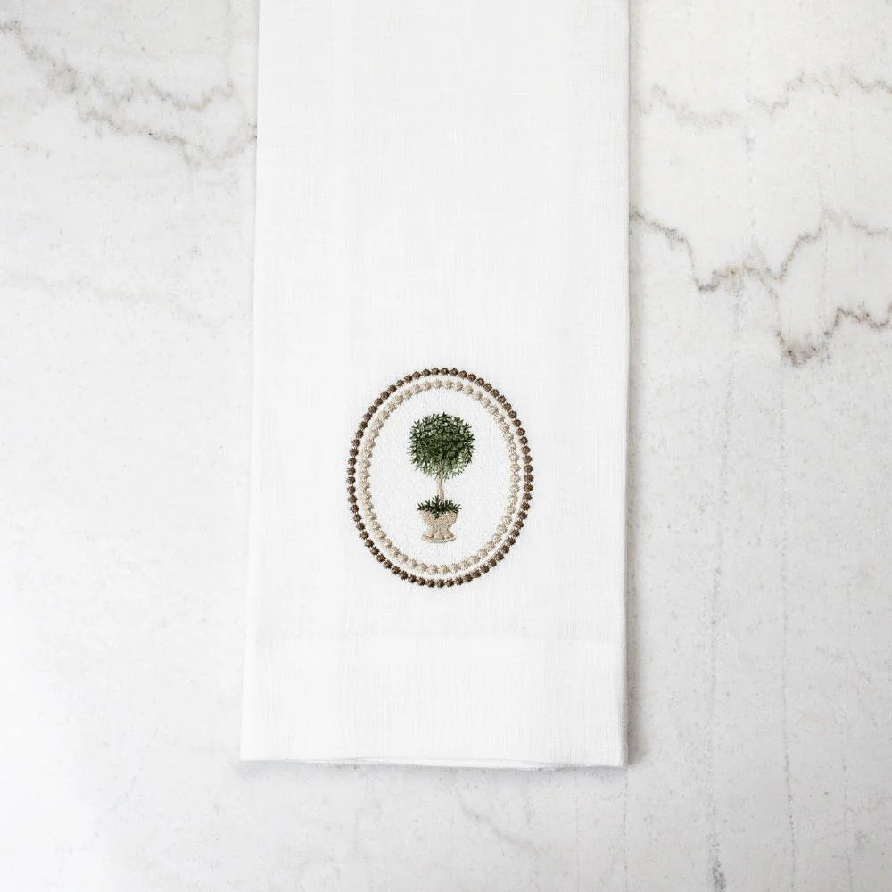 Rosemary Topiary White Linen Tea Towel