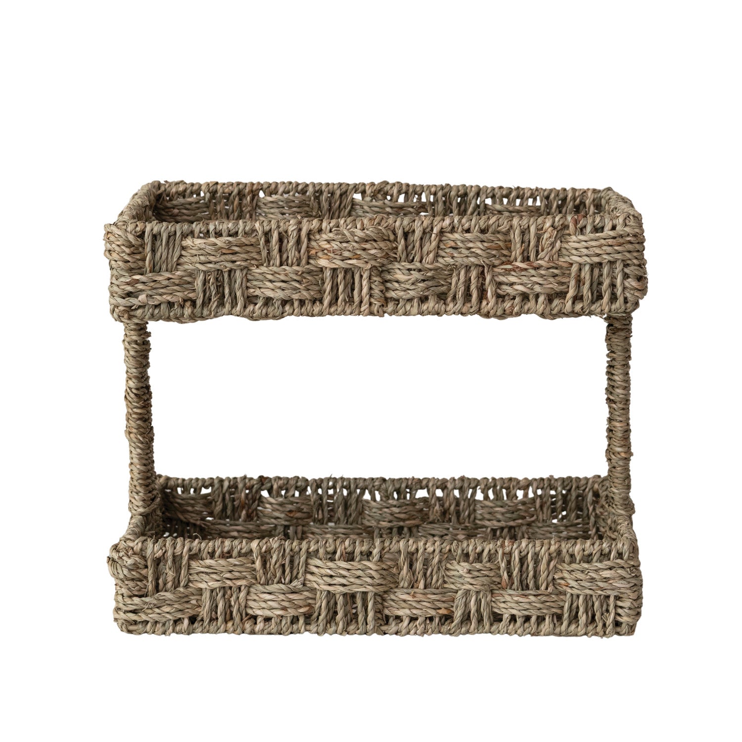 Woven rectangular basket made of natural fibers on a white background