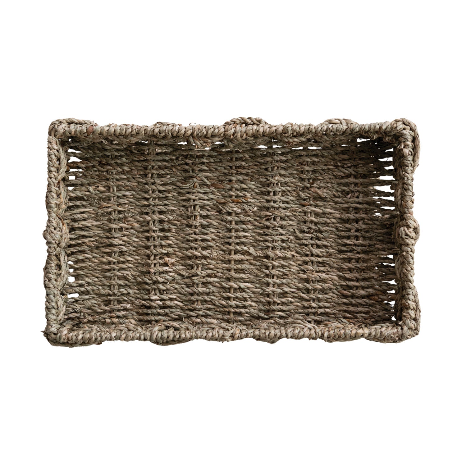 Woven rectangular basket made of natural fibers on a white background