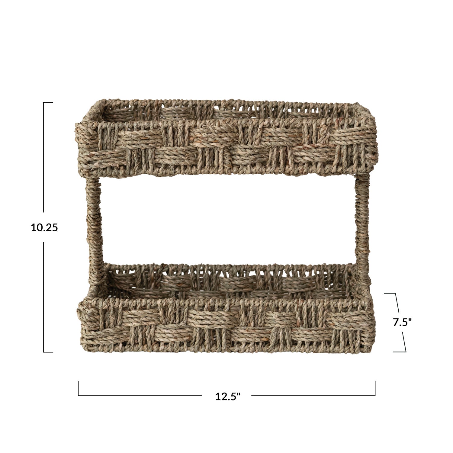 Woven rectangular basket with dimensions labeled on a white background