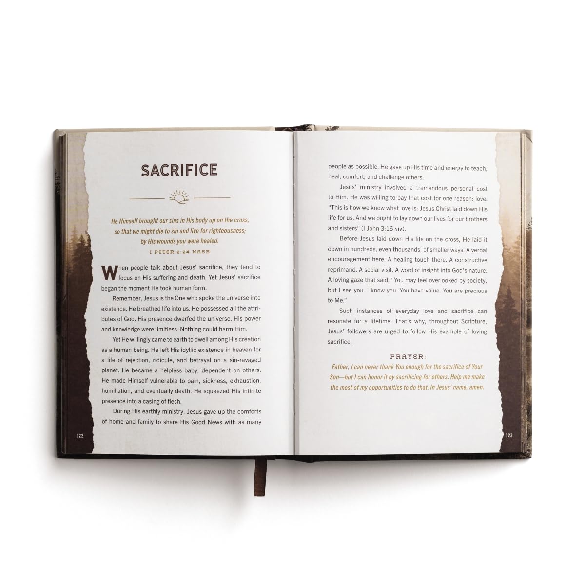 Open book with the word 'Sacrifice' on a white background