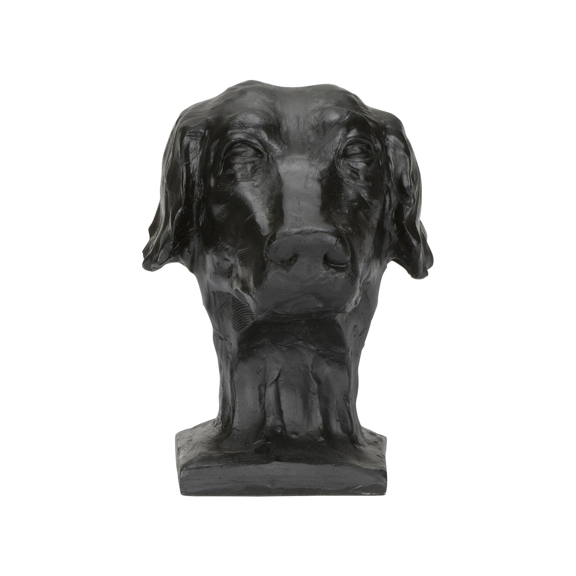 Black dog bust sculpture on a white background