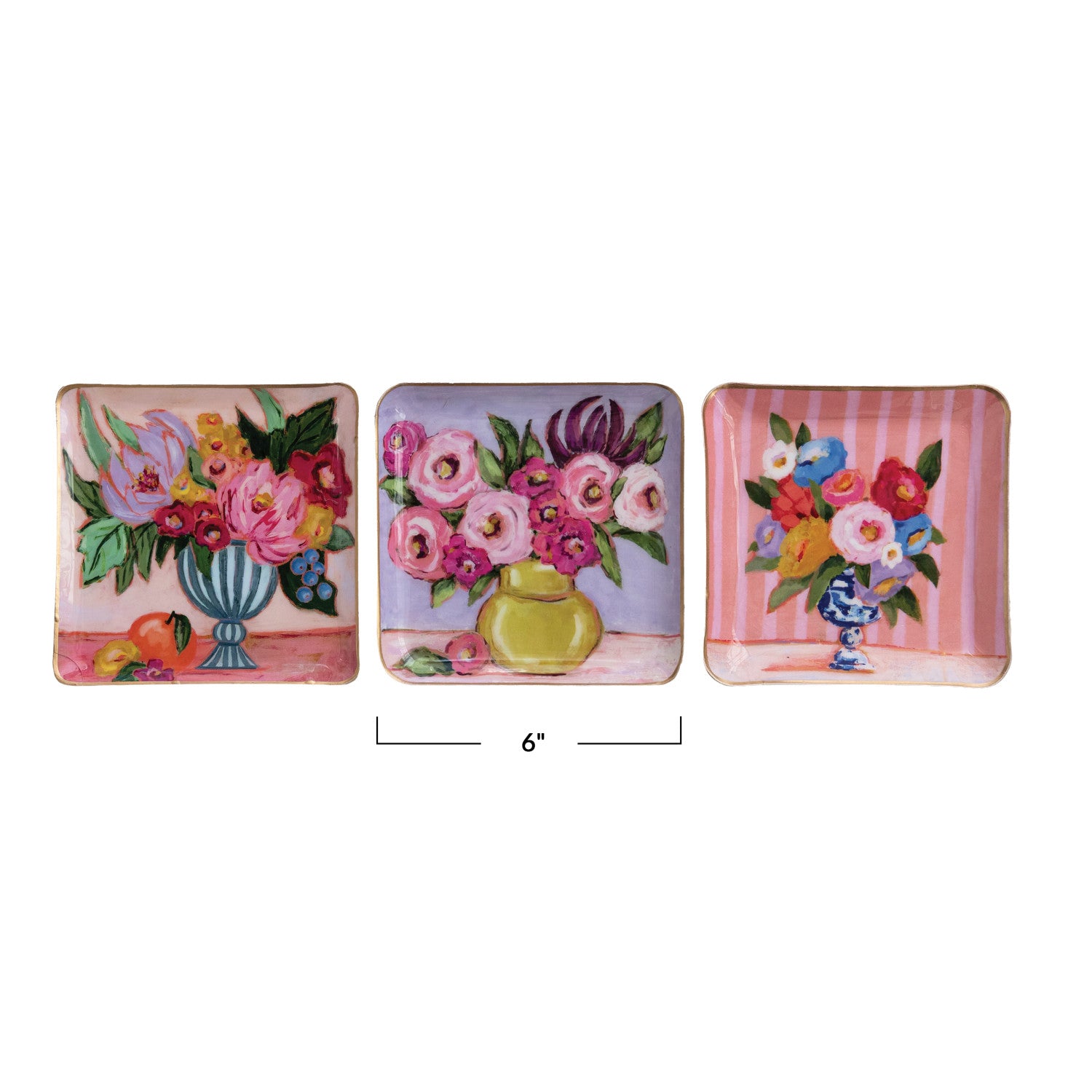 Three decorative trays with floral designs on a white background