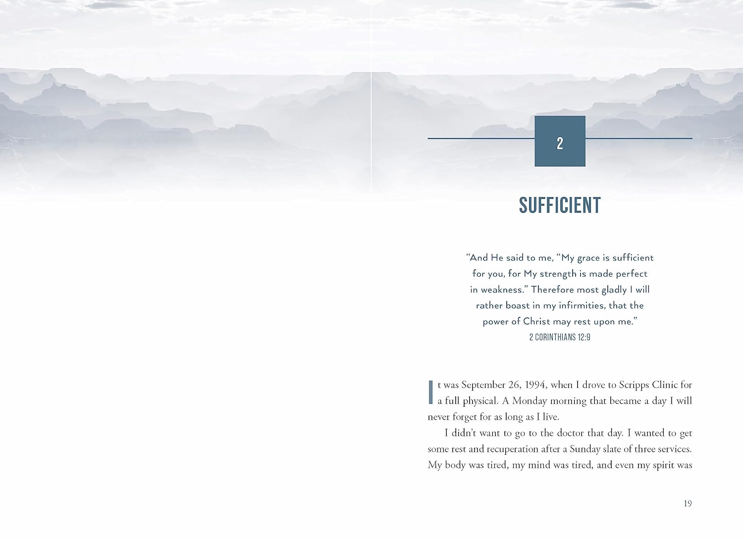Book page with text and a mountain landscape