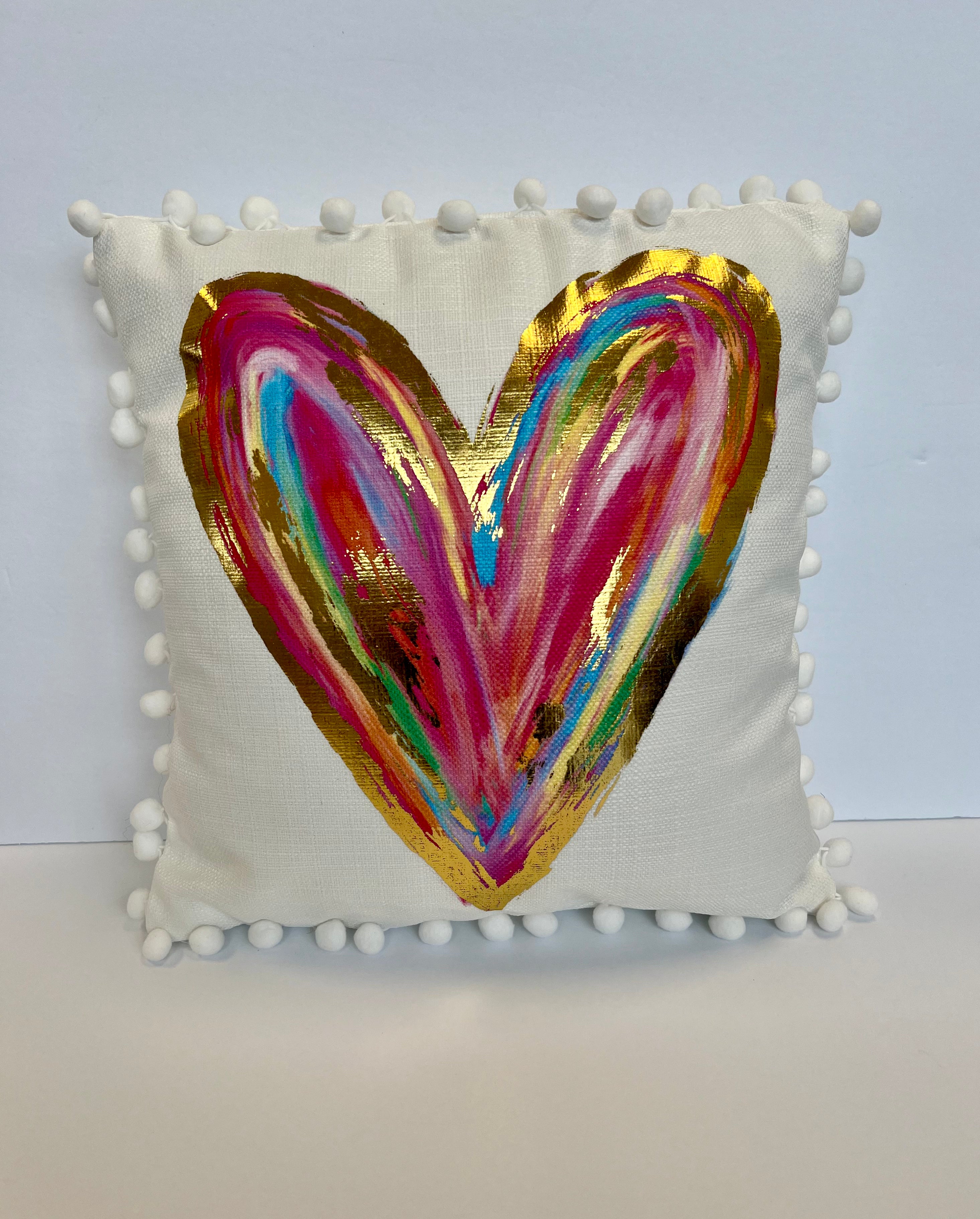 Colorful Golden Heart Pillow 16x16 with Pom Poms