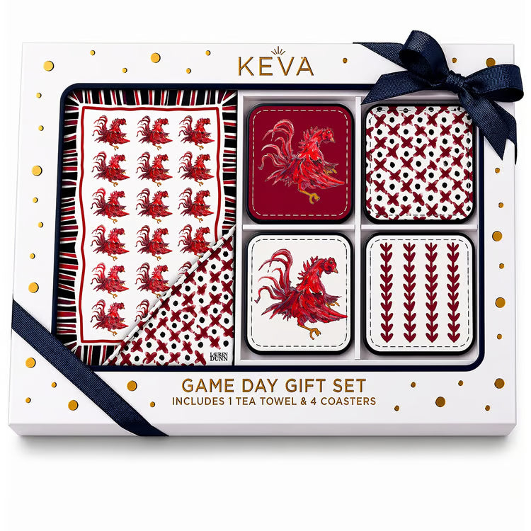 A boxed gift set from KEVA featuring game-day tableware, including a tea towel and 4 coasters, presented in a white box with gold dots, a navy ribbon, and red-and-white rooster illustrations.