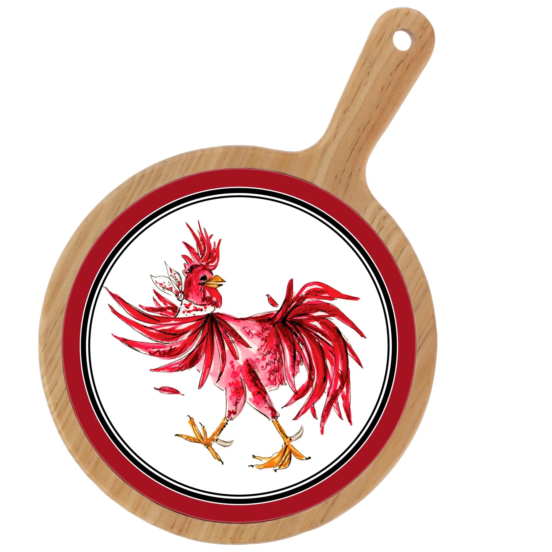 Wooden cutting board with a red rooster design on a white background