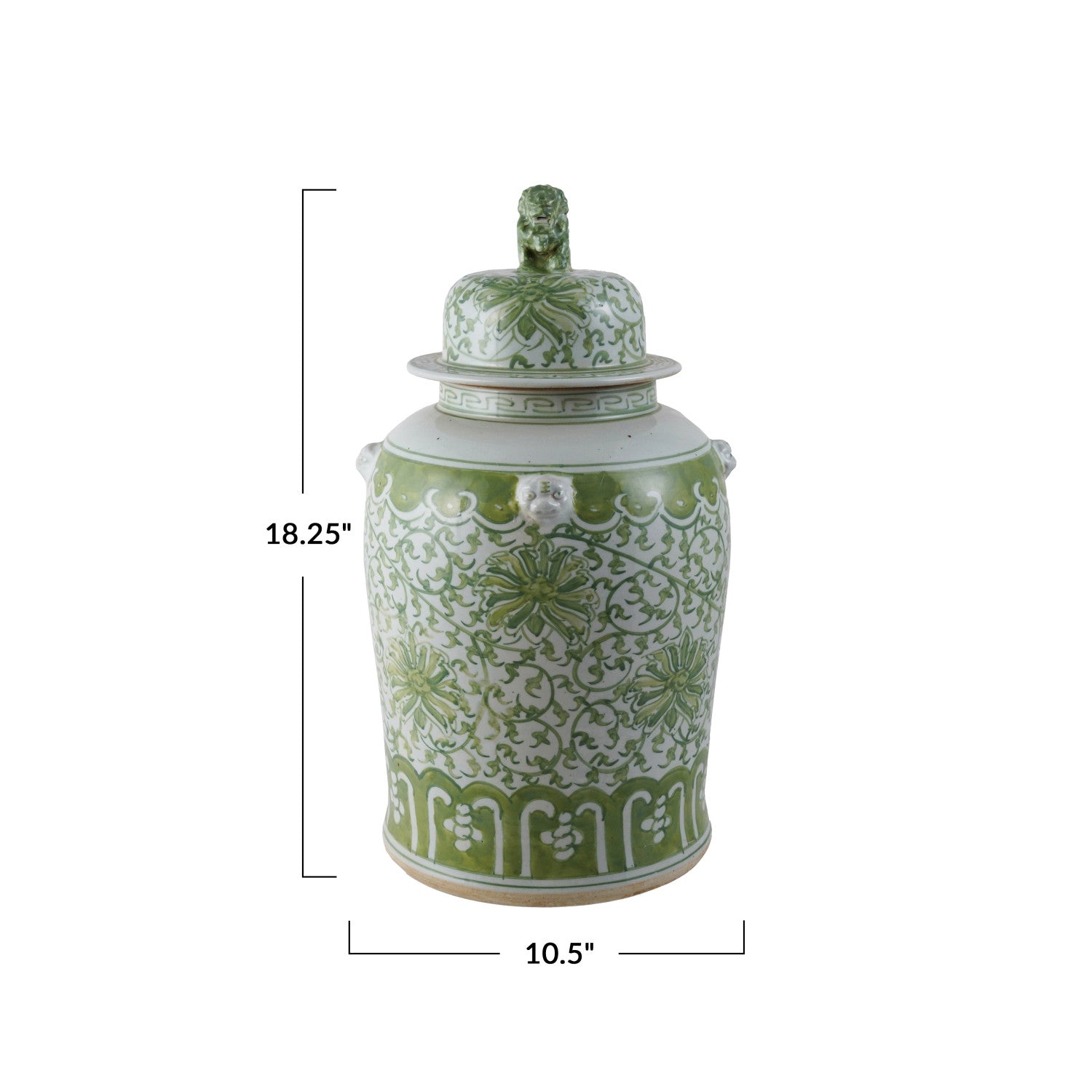 Green and white ceramic jar with floral patterns and dimensions on a white background