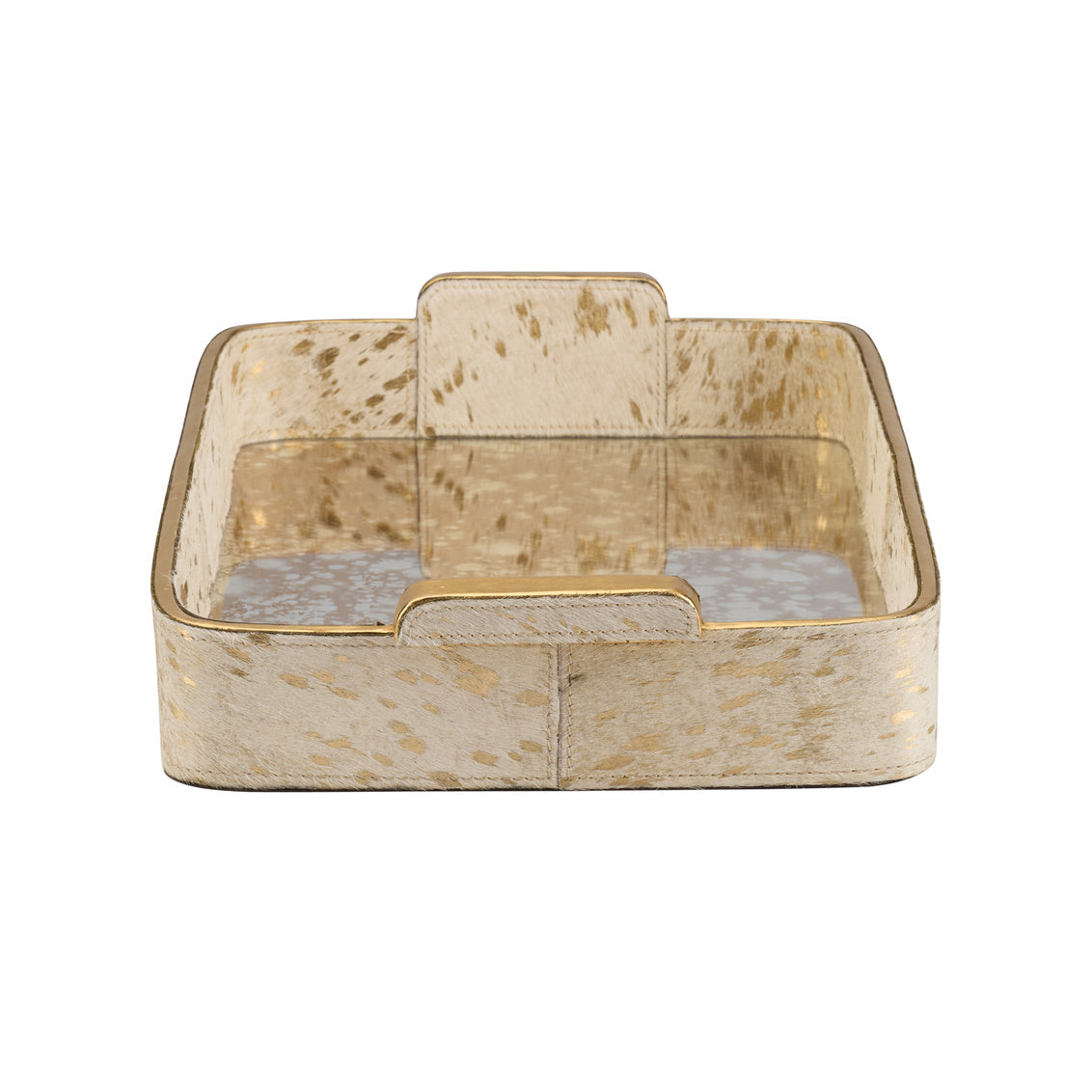 Rectangular decorative tray with gold accents on a white background