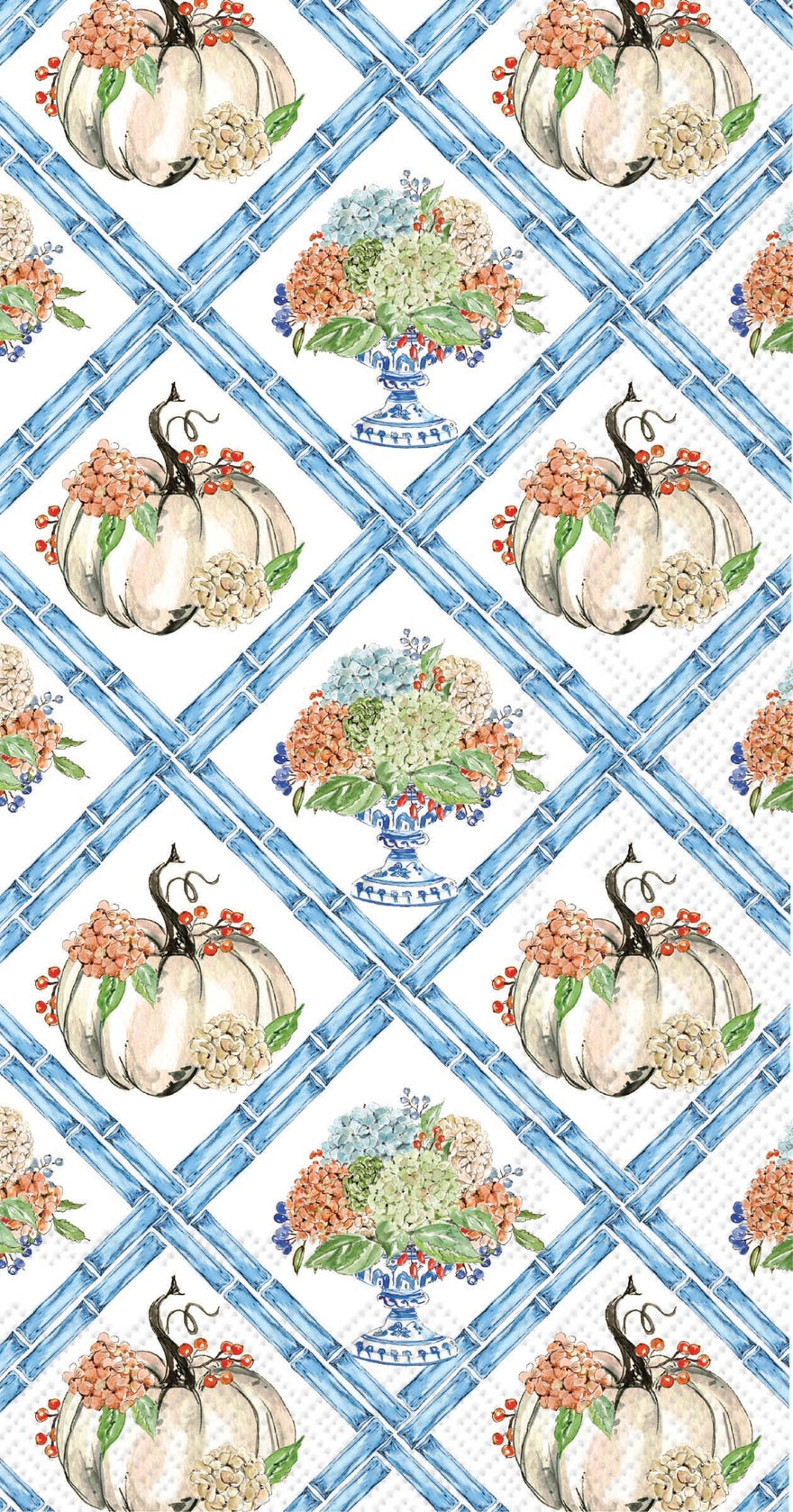 A repeating autumn-themed pattern featuring white pumpkins with orange flowers, blue floral urns, and a blue lattice grid on a white background.
