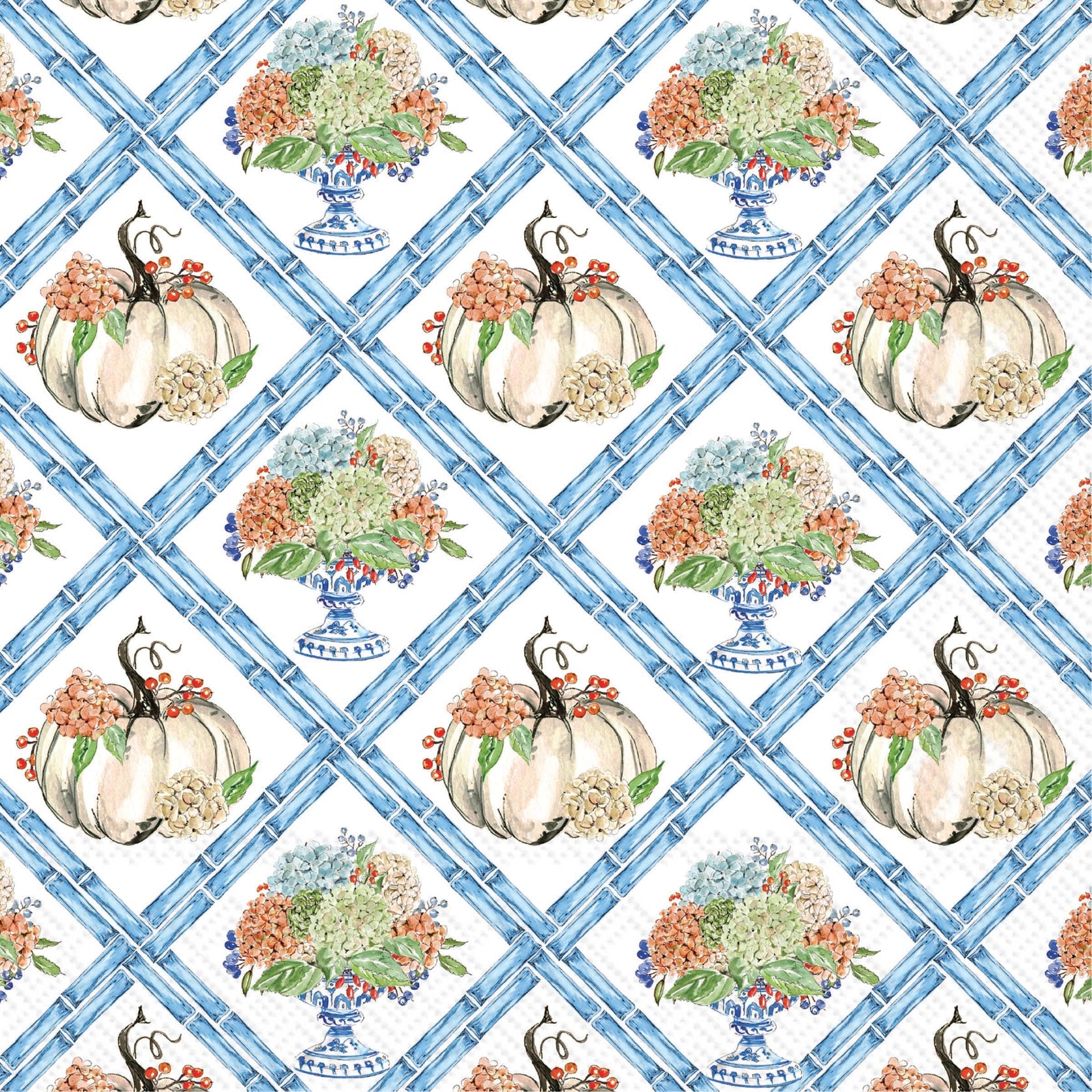 A repeating watercolor-style pattern featuring cream pumpkins with orange and red berries, blue floral bouquets in blue-and-white urns, and a blue lattice background.