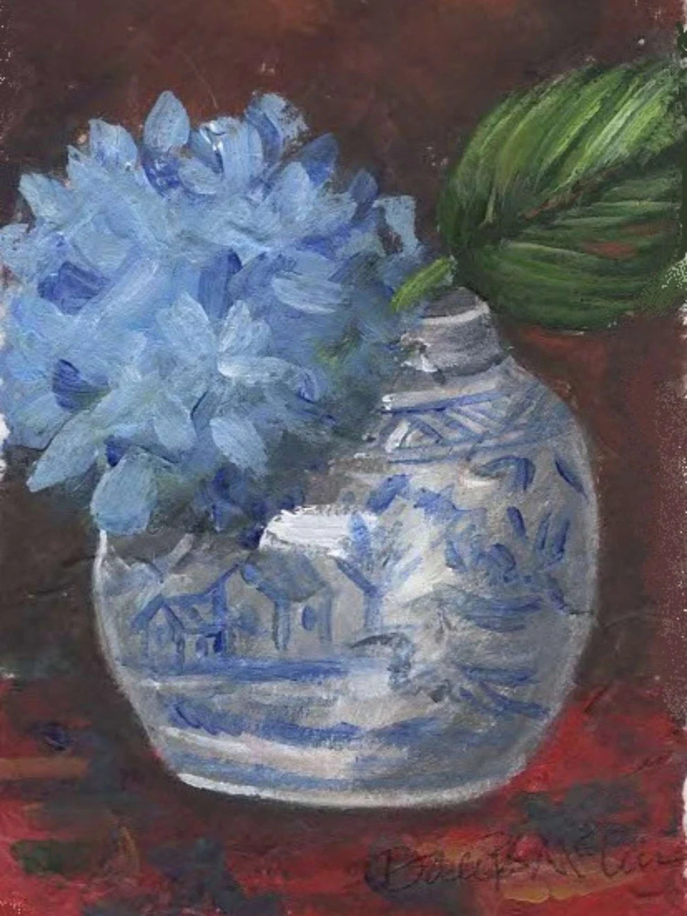 Painting of blue flowers in a decorative vase on a dark background