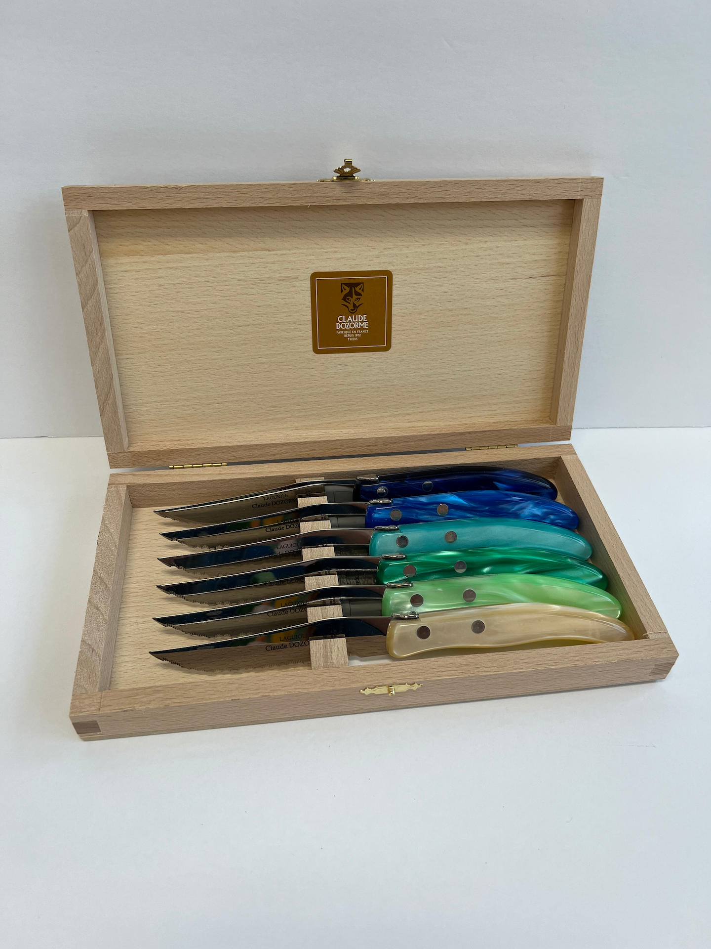 Berlingot Box of 6 Steak Knives | mixed blue-green handles