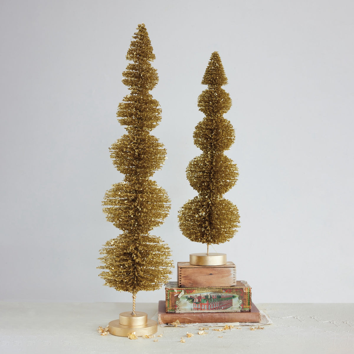 Gold Glitter Topiary Shaped Bottle Brush Tree with Wood Base