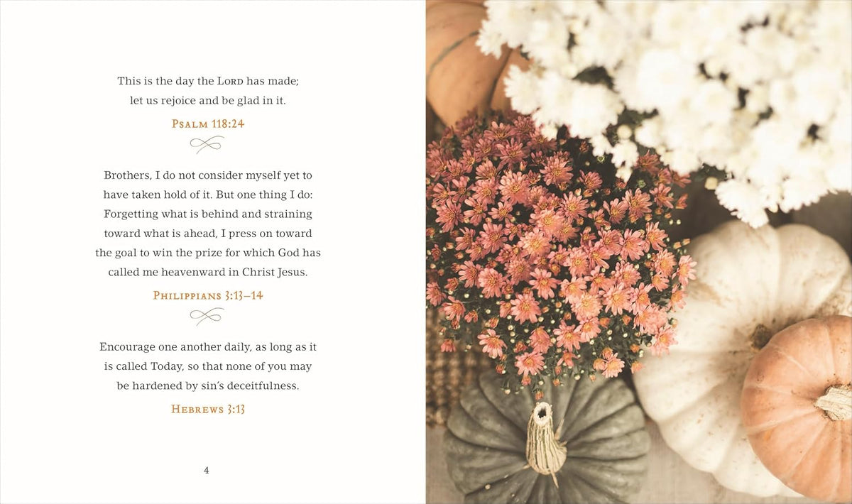 Book page with text and decorative elements including flowers and pumpkins.