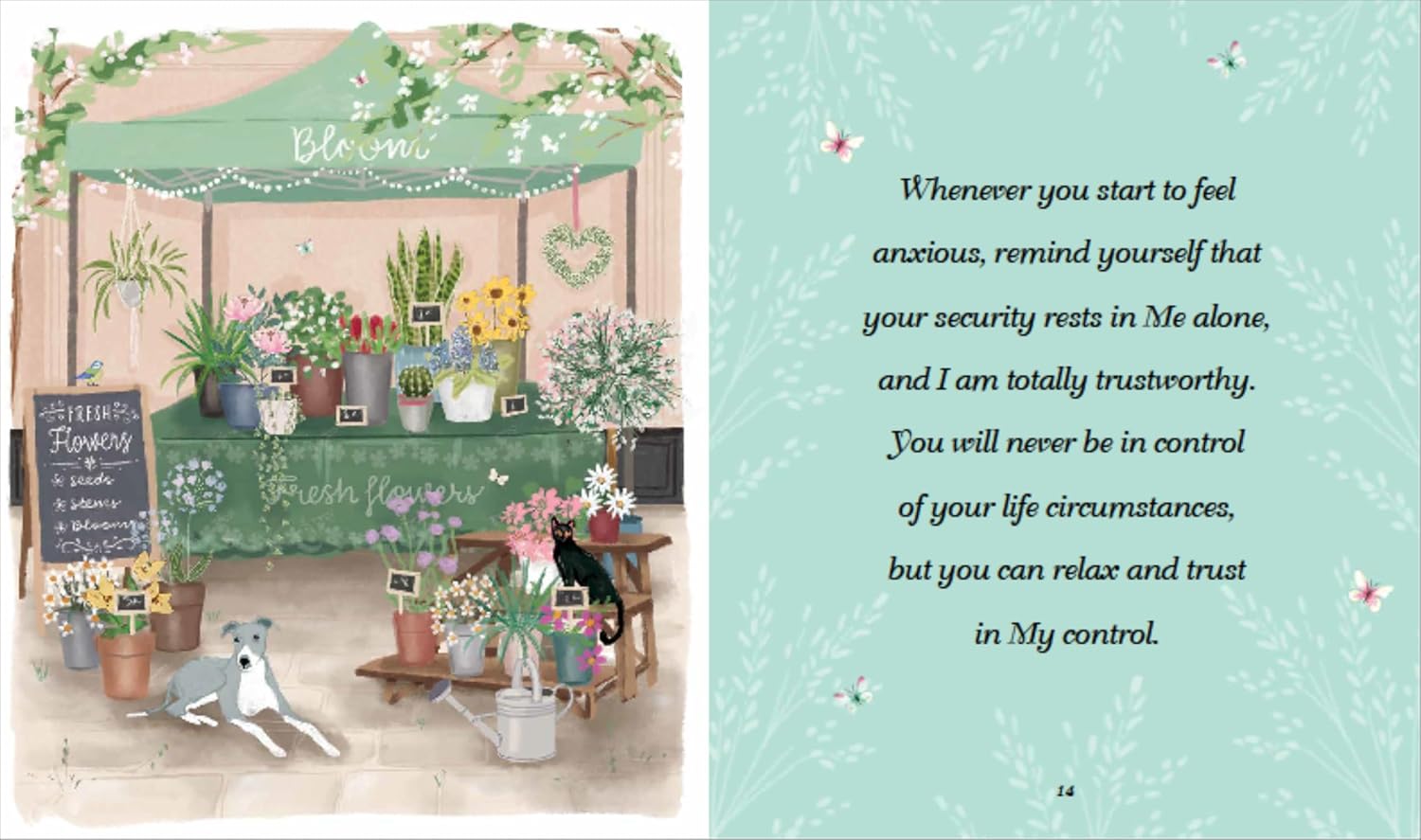 Illustrated flower stall with plants and a cat, next to a text page on a light blue background.