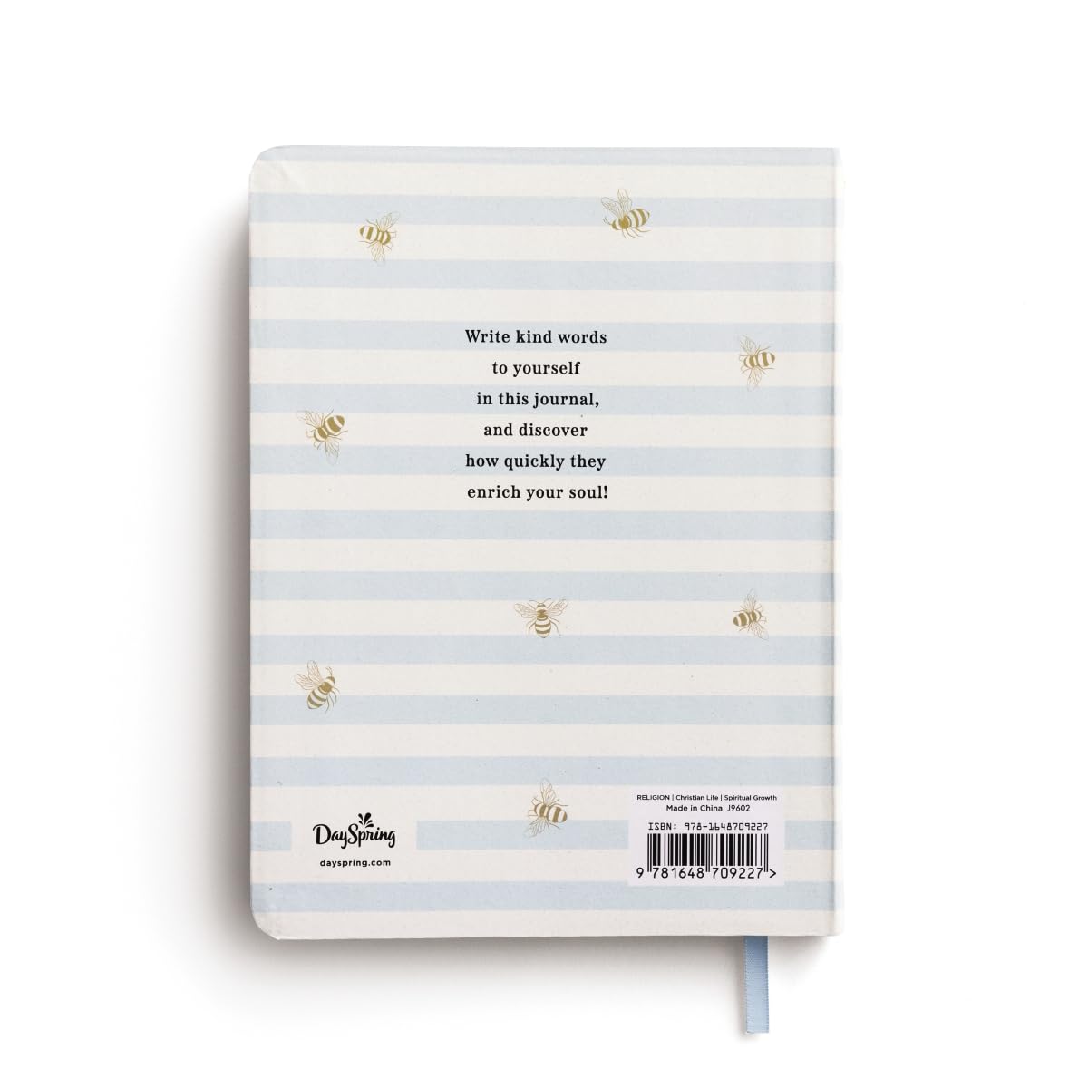 Journal with blue and white striped design and text on a white background