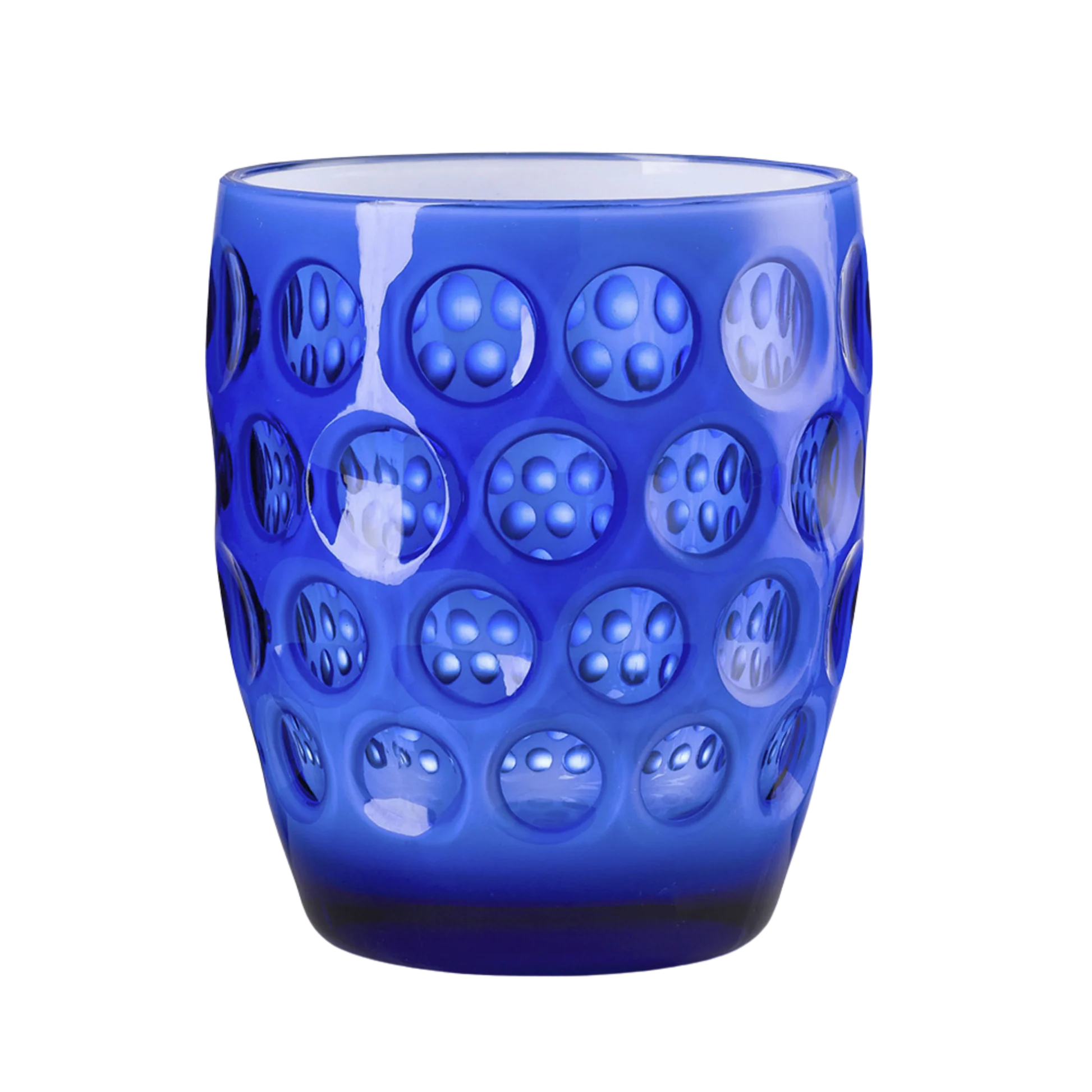 Blue textured glass tumbler on a white background