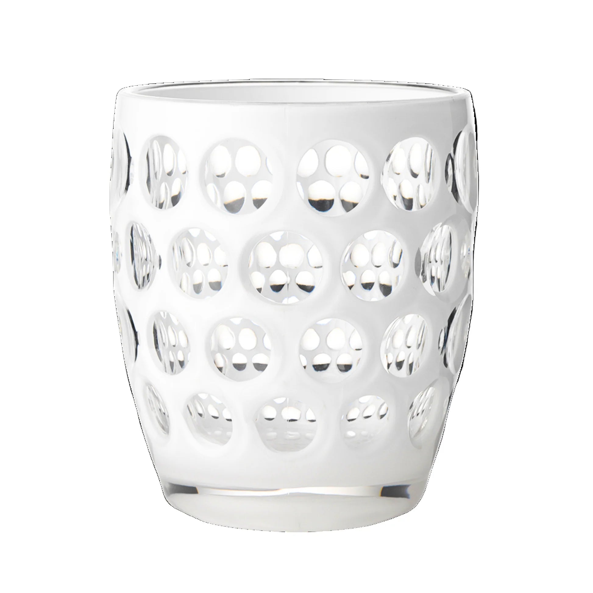 Clear glass tumbler with a textured pattern on a white background