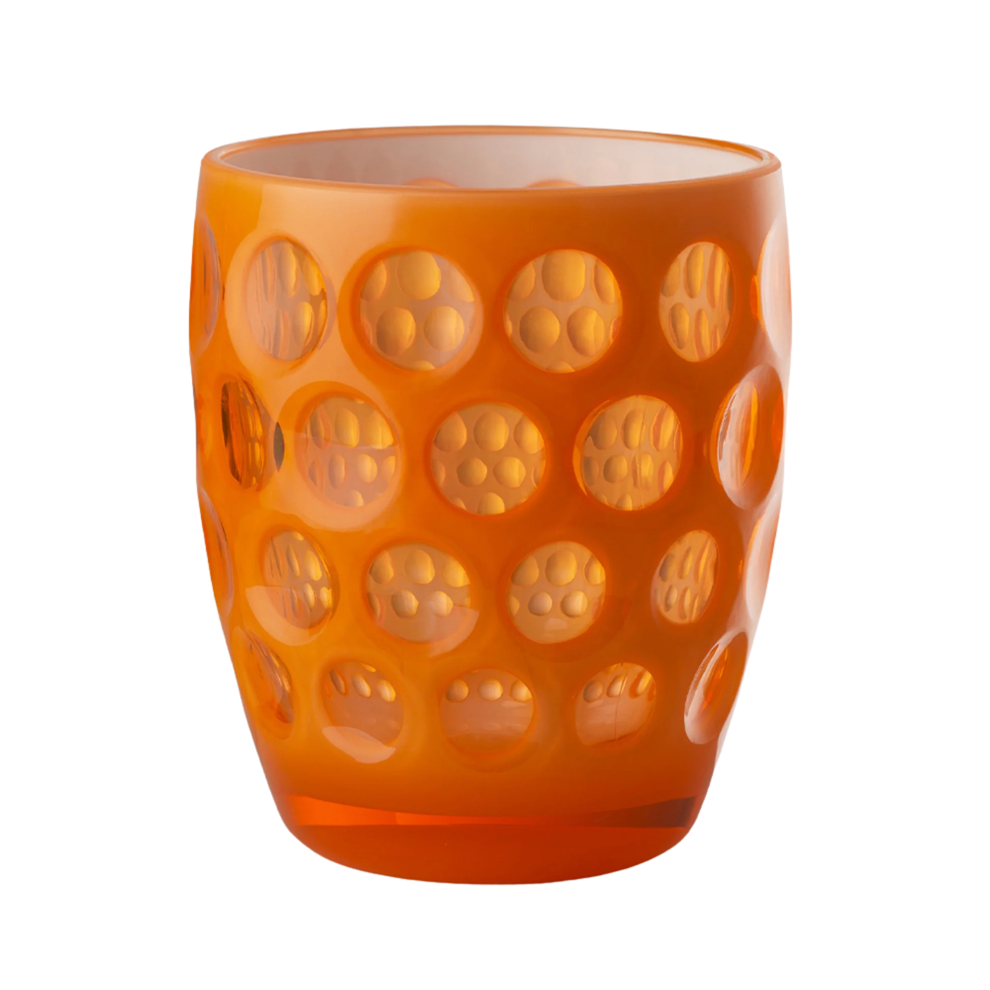 Orange glass tumbler with a textured surface on a white background