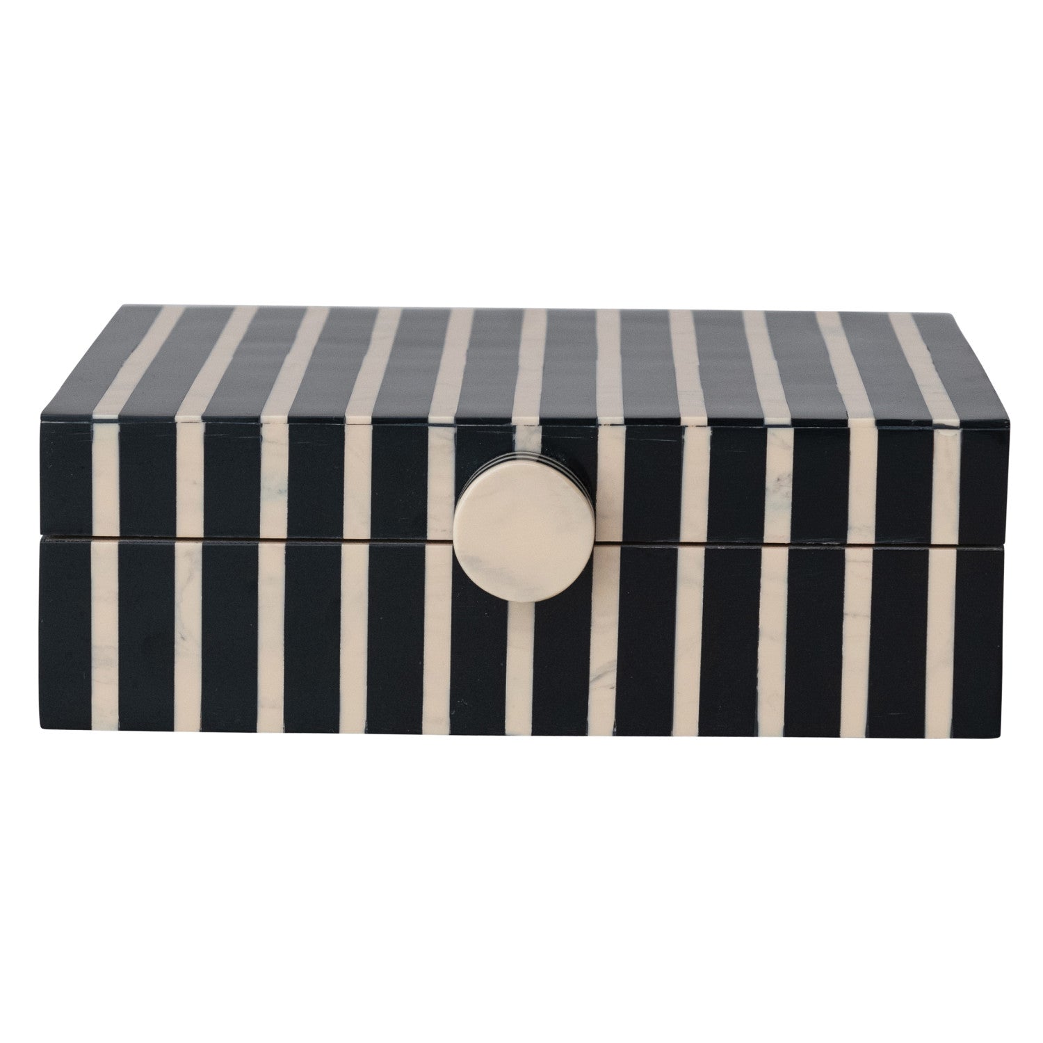 Black and white striped jewelry box with a silver button on a white background