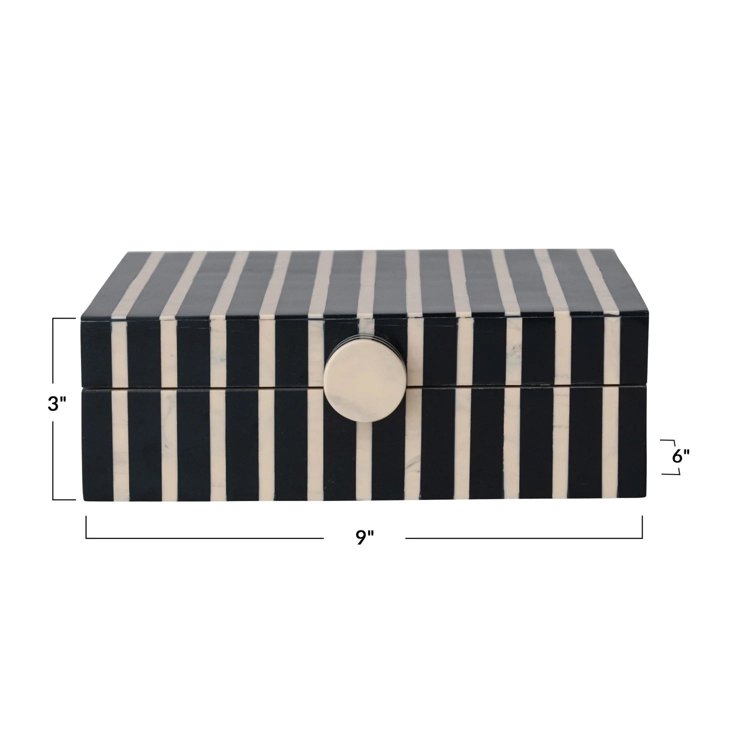 Black and white striped box with dimensions on a white background