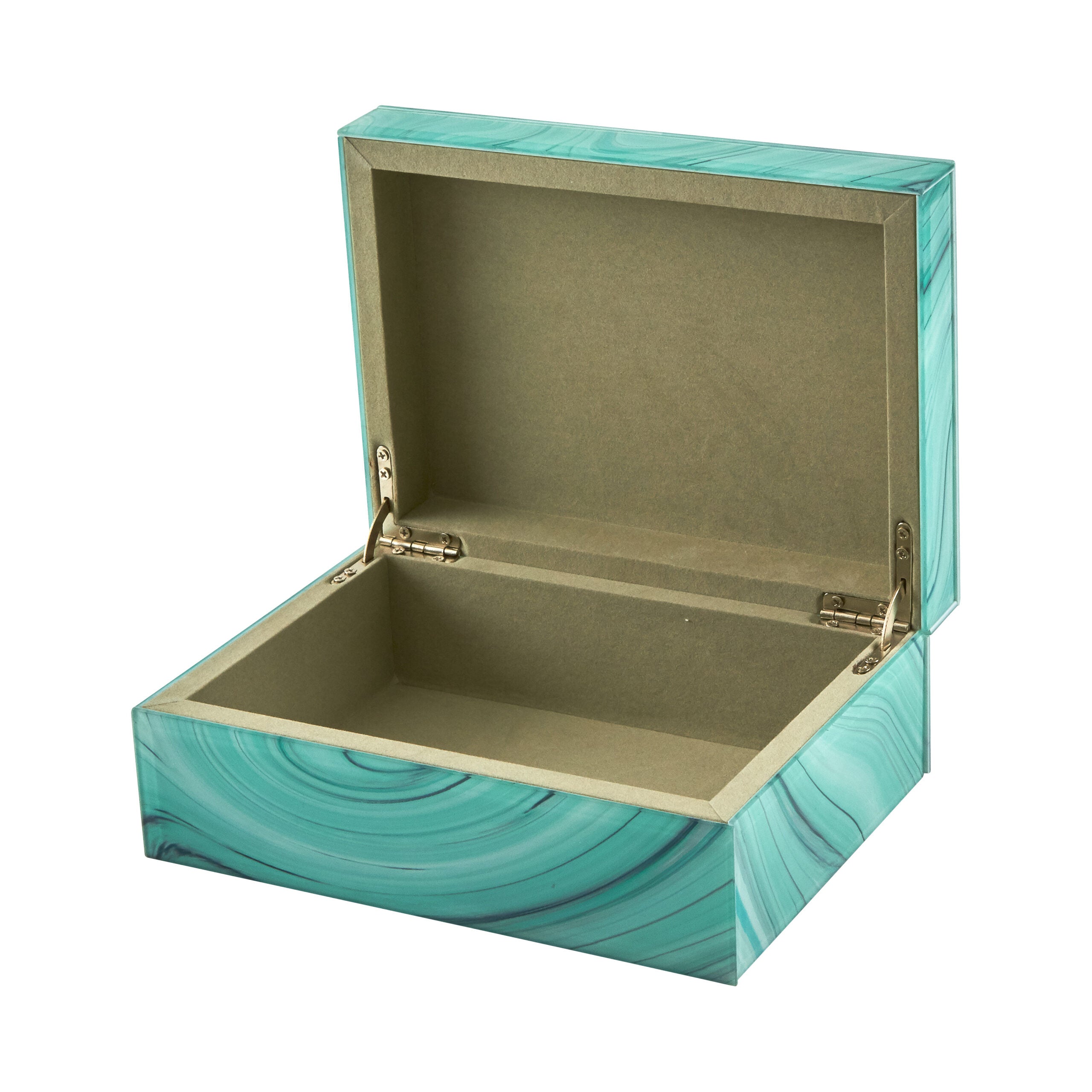 Turquoise jewelry box with gold interior on a white background