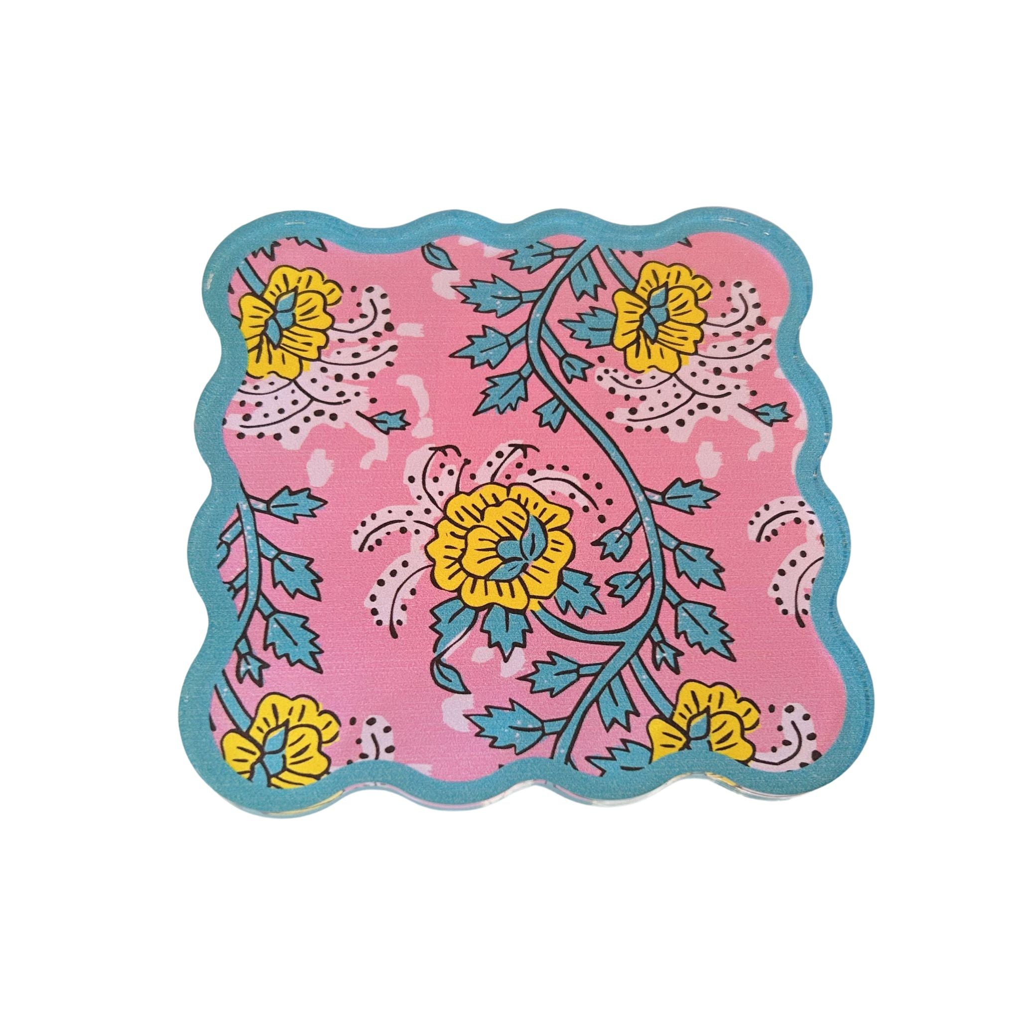 Pink Marigold with Teal Border Thick Coaster