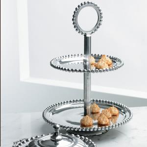 Two-Tier Aluminum Serving Stand With Beaded Trim