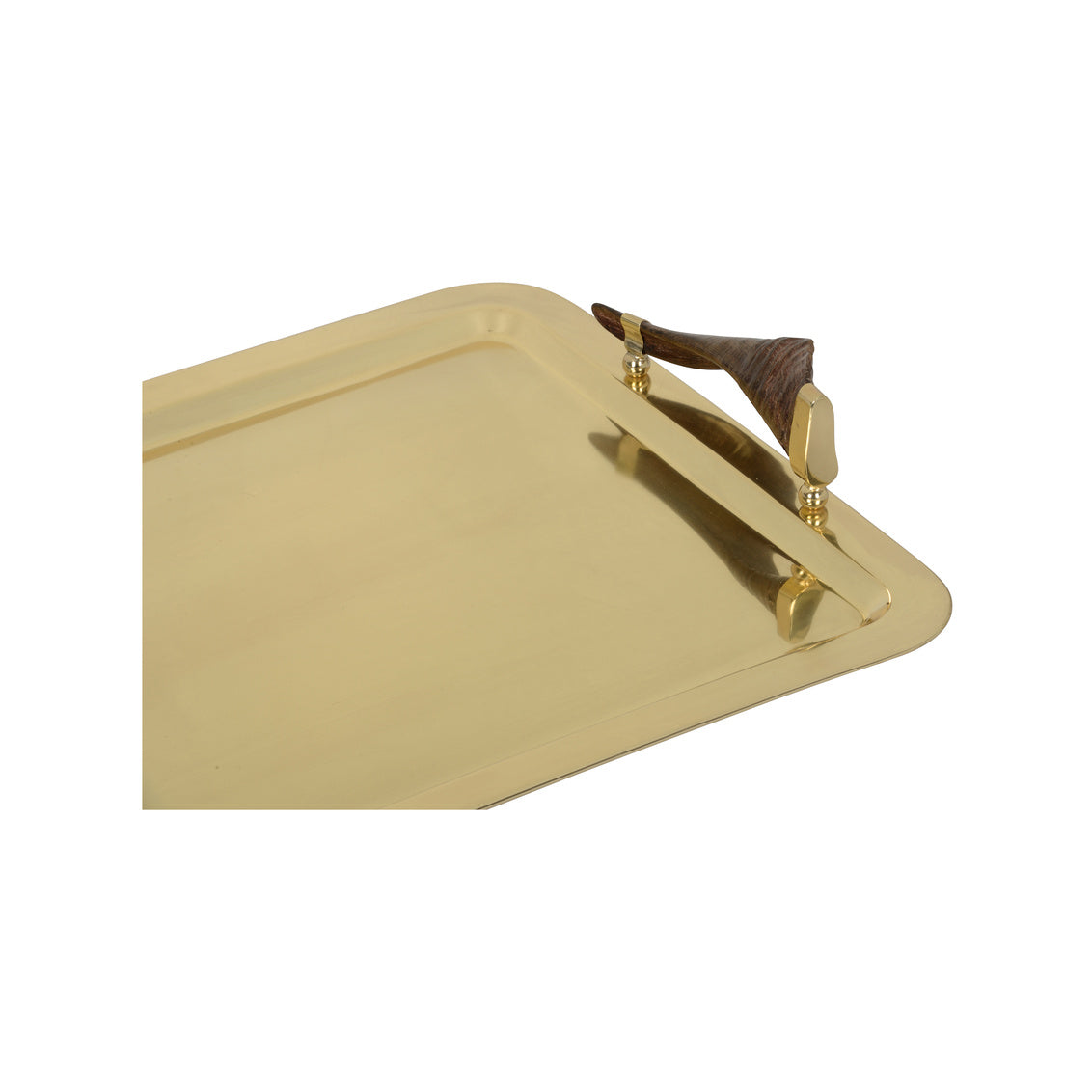 Beige tray with wooden handles on a white background