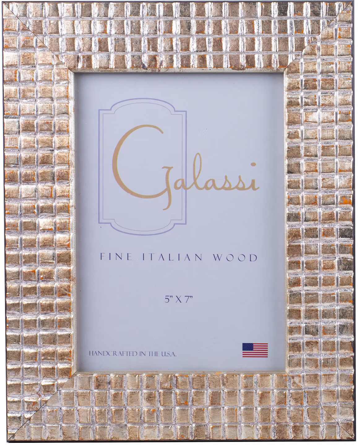 A 5x7 picture frame made of small square mosaic tiles in warm metallic gold, bronze, and silver tones, with a Galassi brand insert card visible in the center.