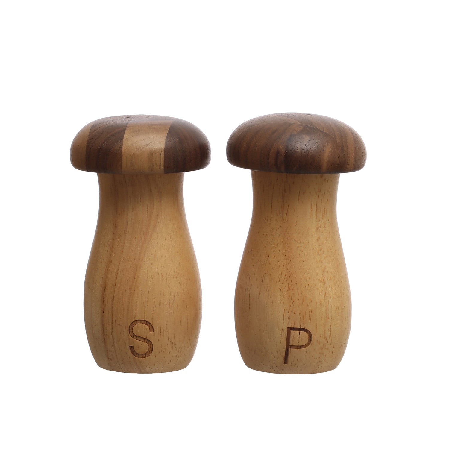 Wooden salt and pepper shakers with 'S' and 'P' labels on a white background