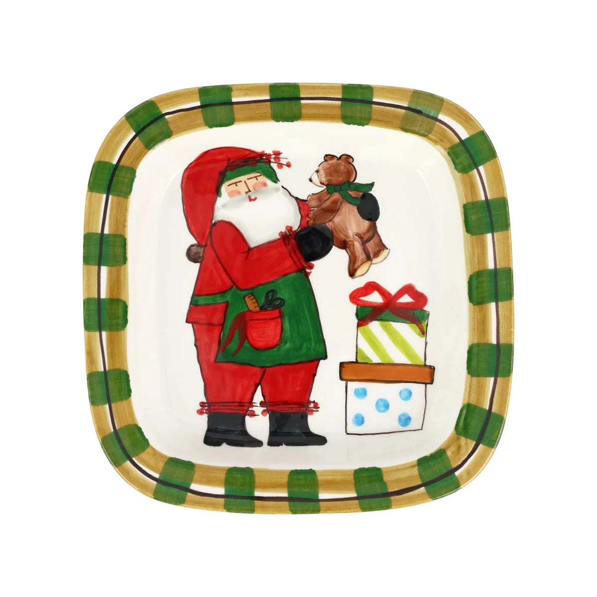 Old St. Nick Small Rimmed Square Platter with Teddy Bear