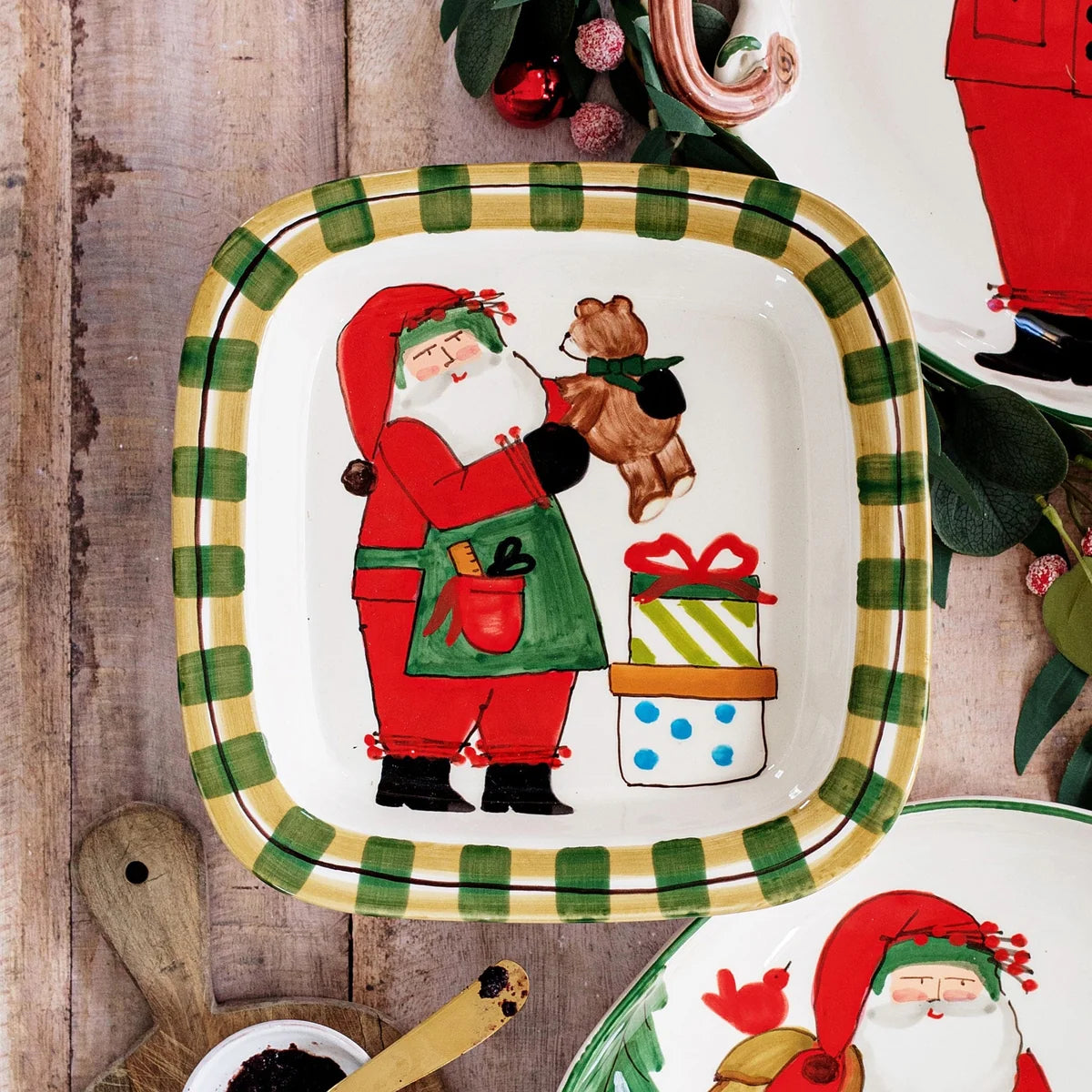 Old St. Nick Small Rimmed Square Platter with Teddy Bear