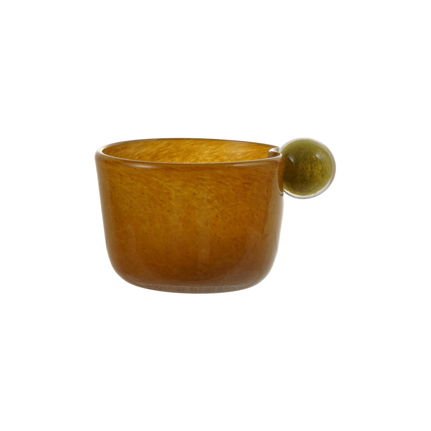 Brown glass bowl with a green handle on a white background