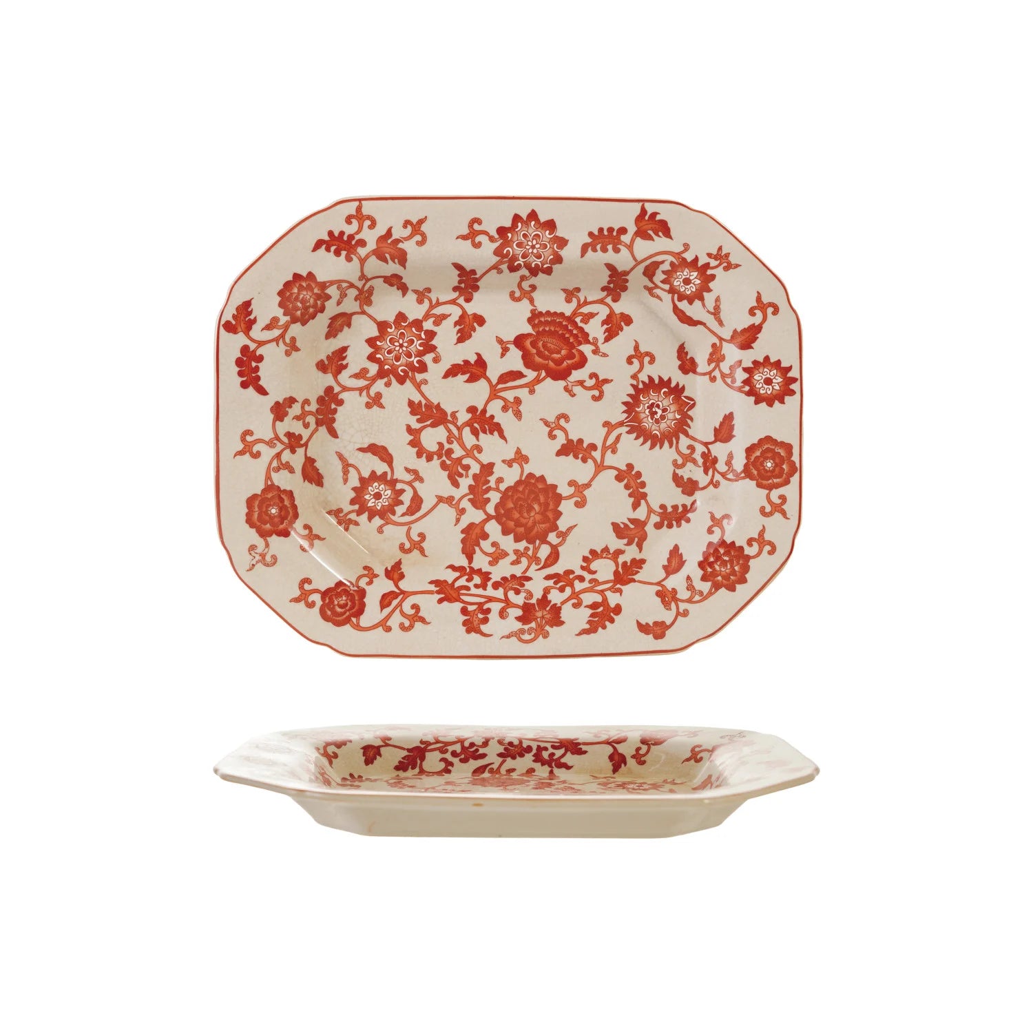 Decorative ceramic platter with red floral pattern on a white background