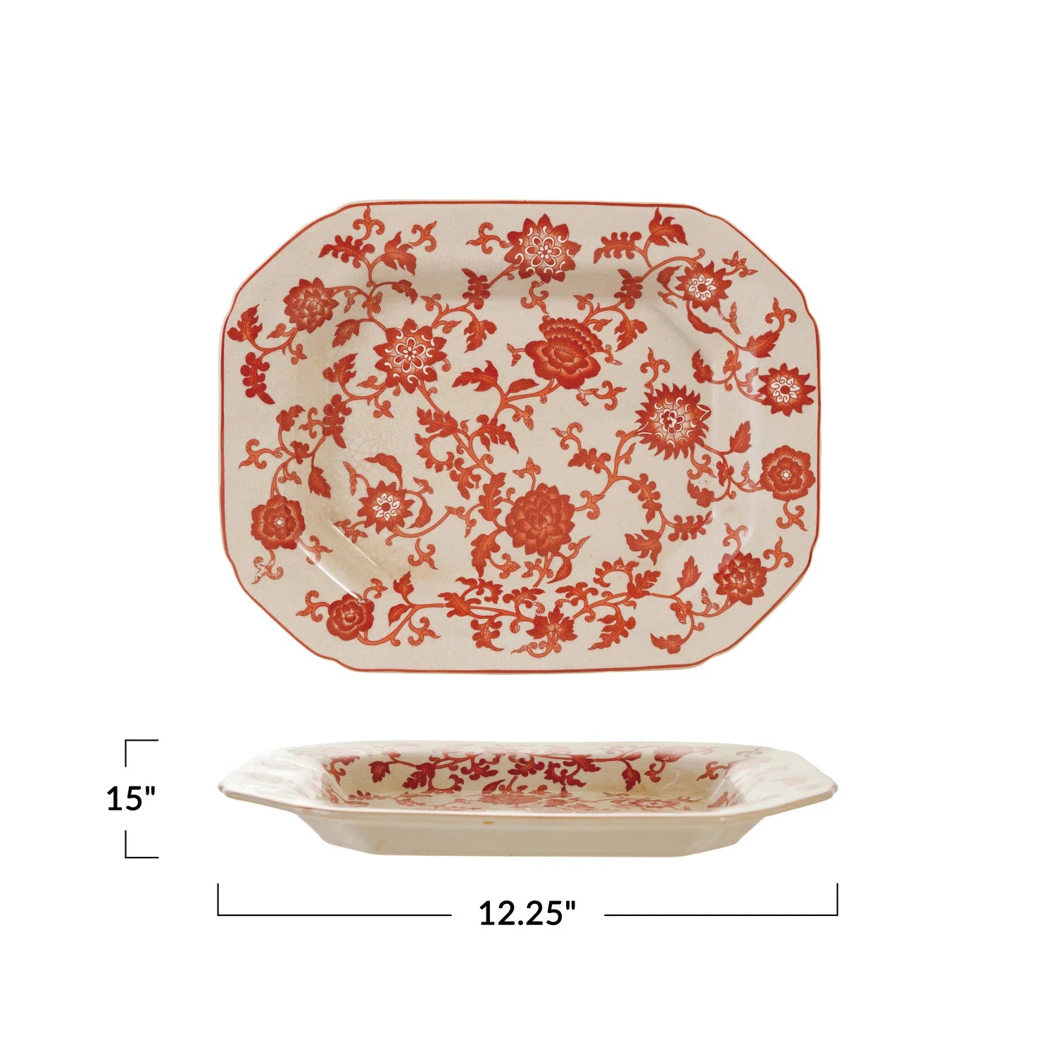 Decorative ceramic plate with red floral pattern and measurements on a white background
