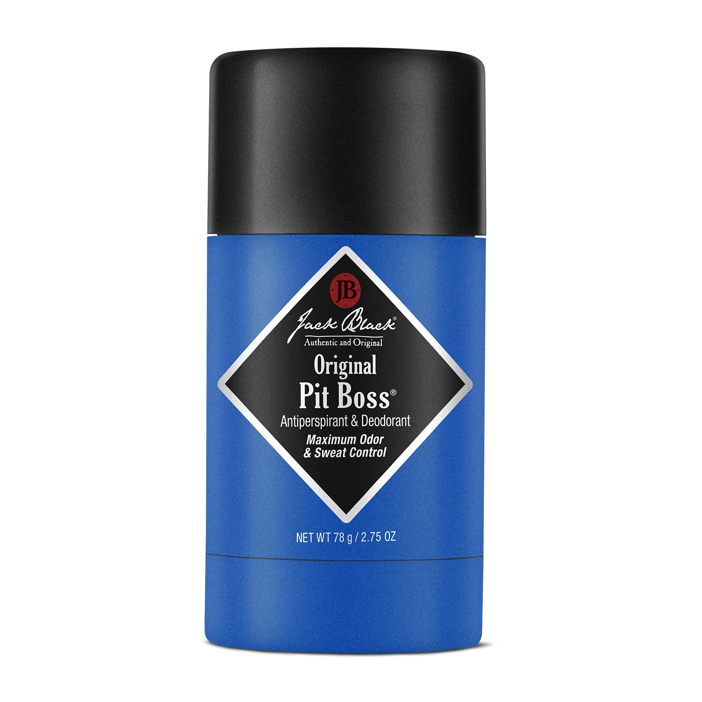 Blue deodorant stick with black cap on a white background