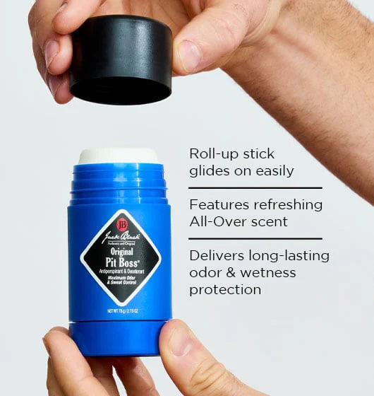 Blue deodorant stick held by a hand with product details on a light gray background