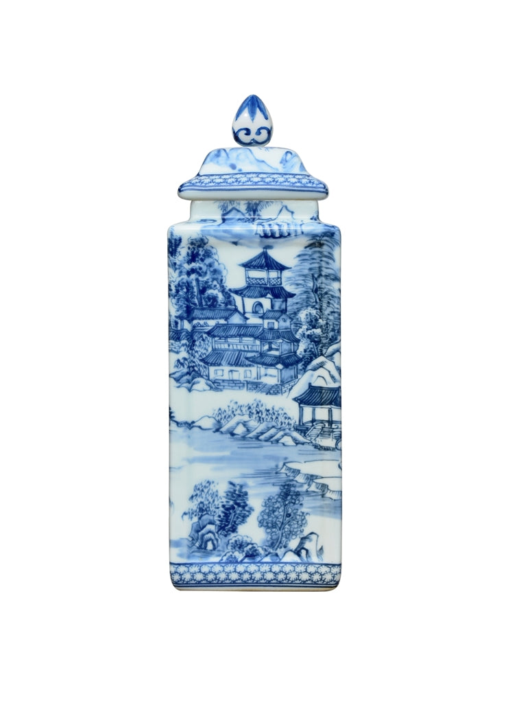 Porcelain Blue And White Chinoiserie Square Jar