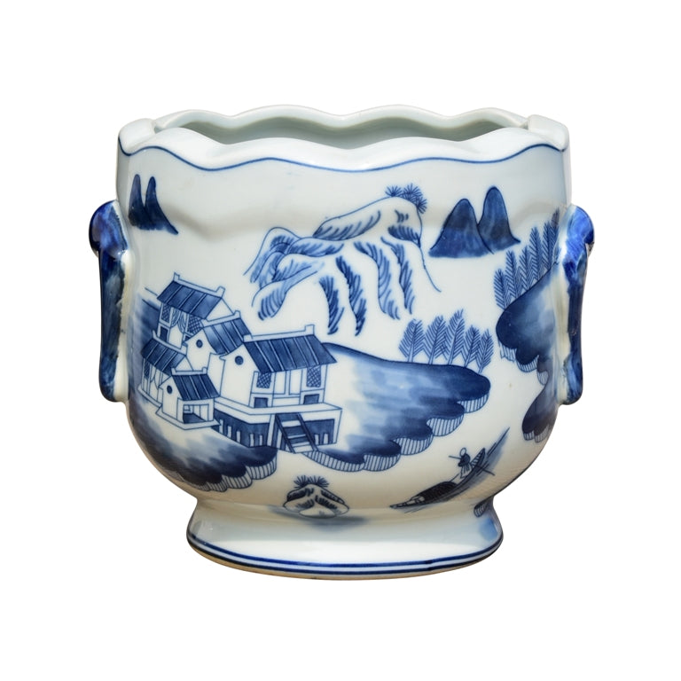 Porcelain Blue and White Landscape Cachepot