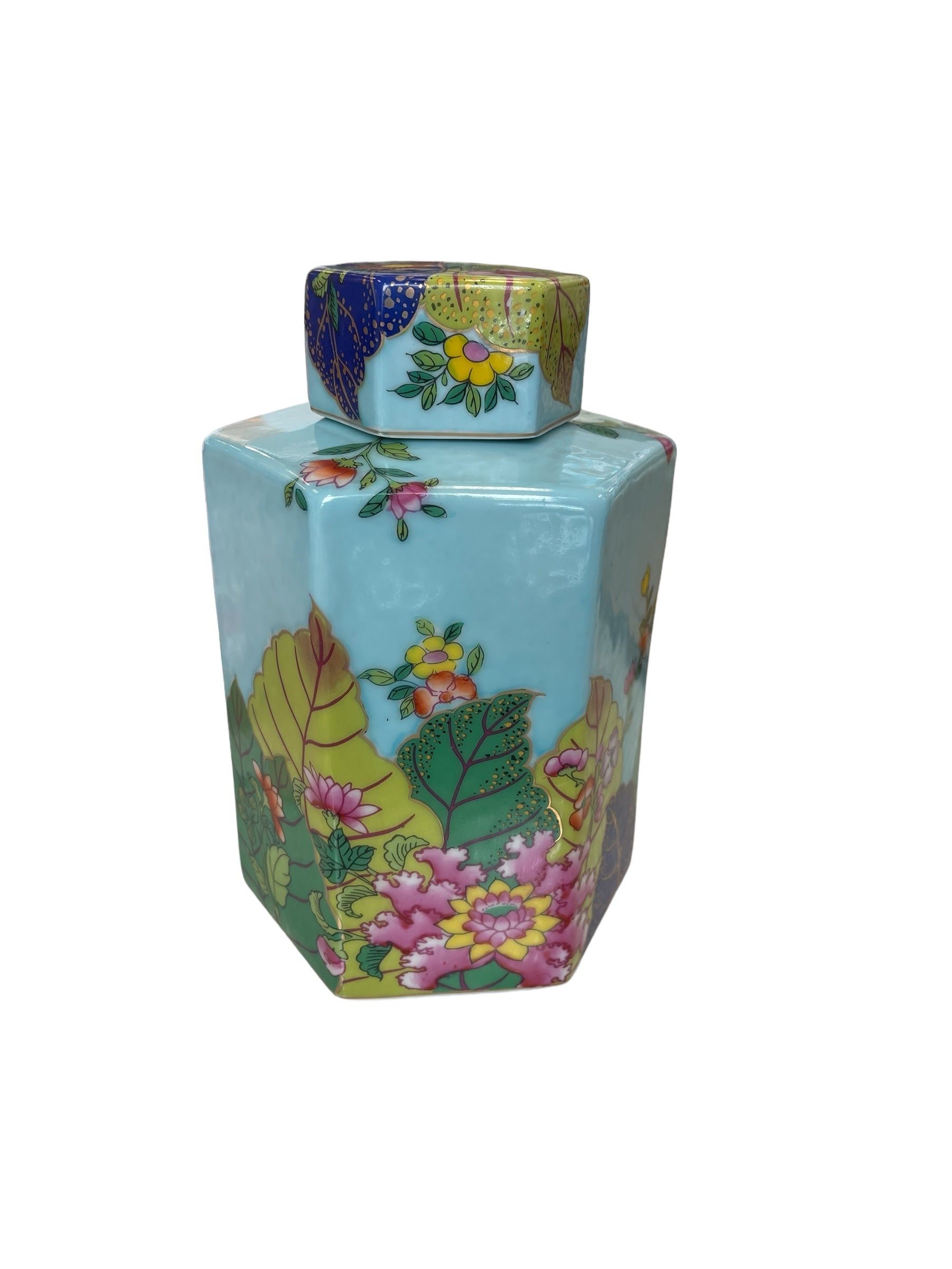 Turquoise Tobacco Leaf Small Hexagonal Jar - 7"