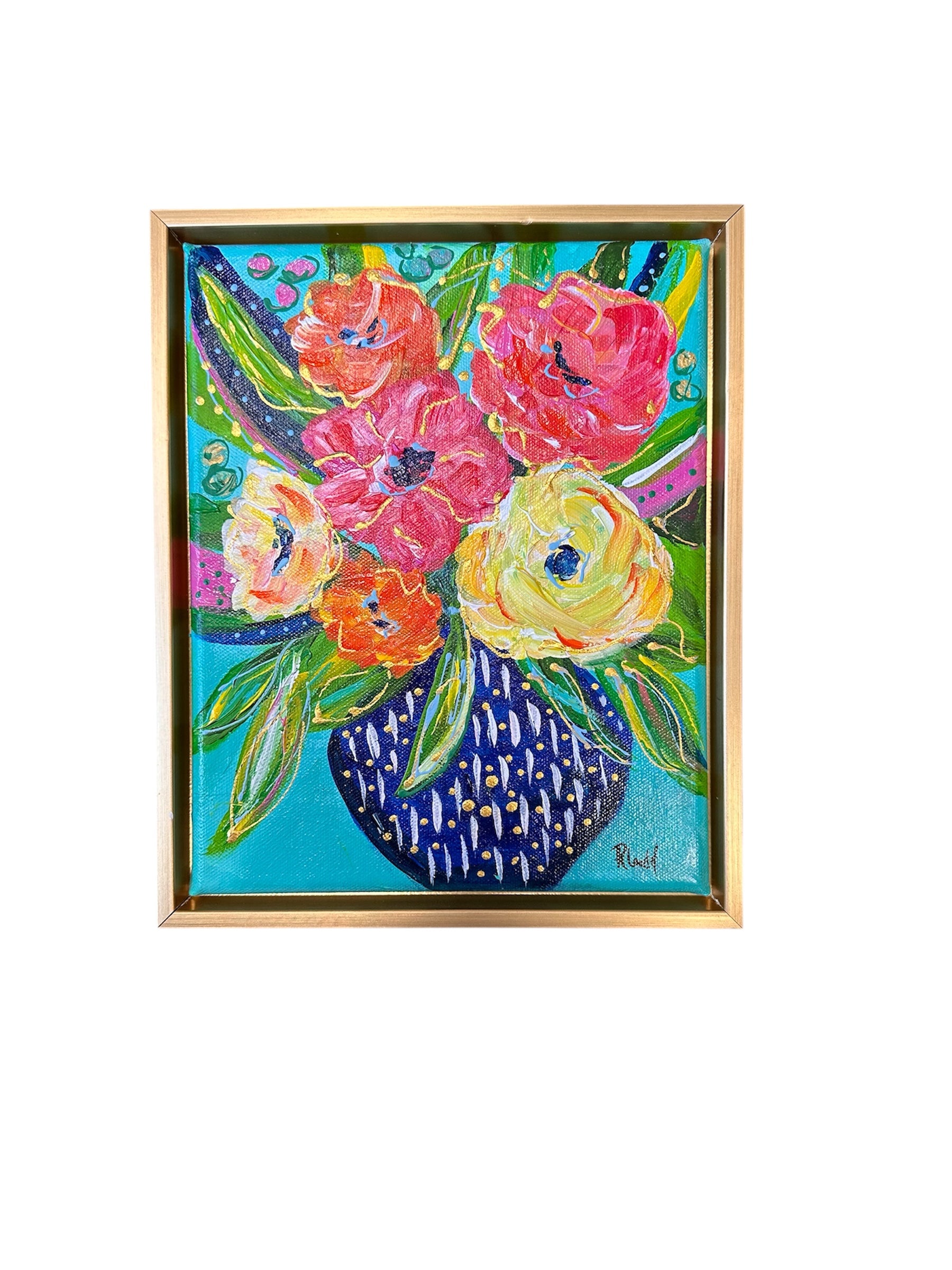 HBR 8x10 Blue/Gold Vase with Bright Flowers and Aqua Background