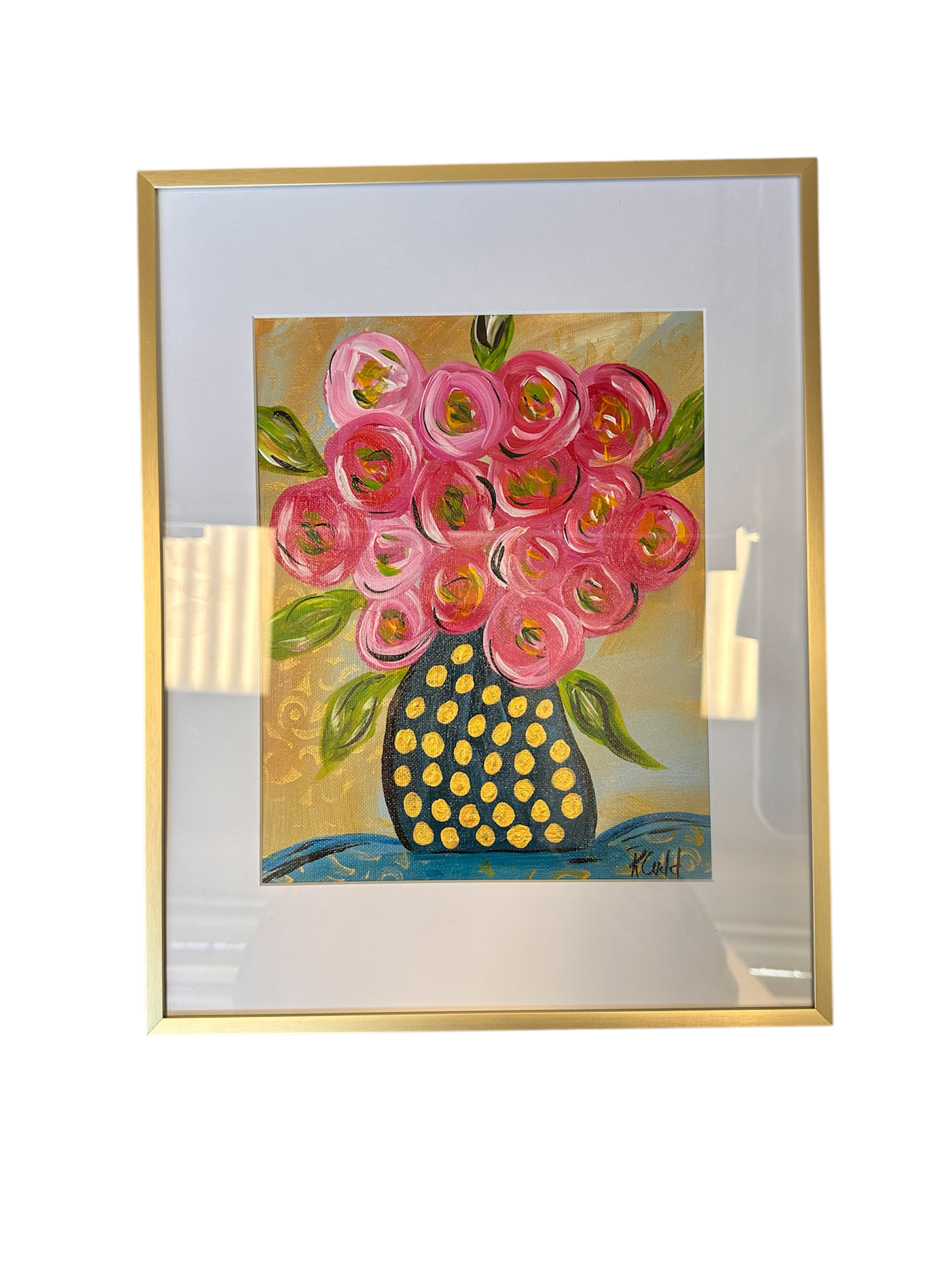 HBR 11x14 Blue/Gold Vase with Pink Flowers